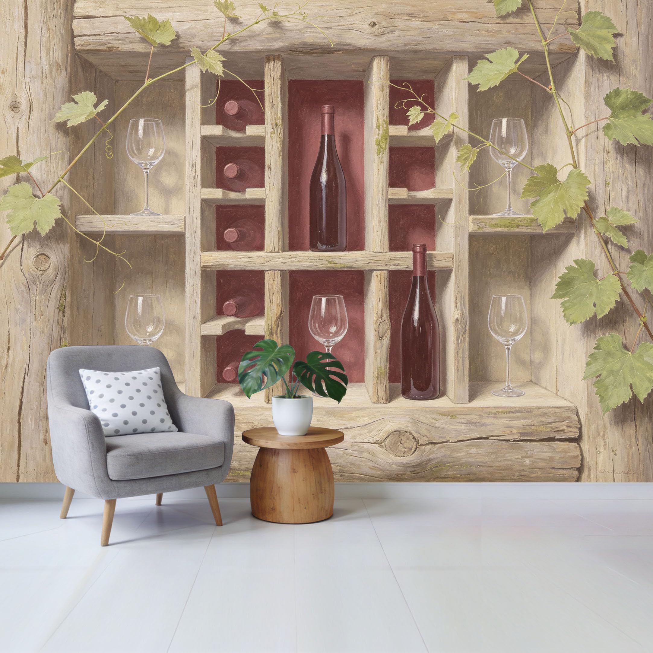 Qzlithotic Yq2605250926 Custom Size Wall Mural Rustic Wine Cellar Wooden Shelf Botanical Vine 3D Trompe L'oeil Oil Painting Selfadhesive Wall Fabric Removable Wallpaper For Home Office Decor