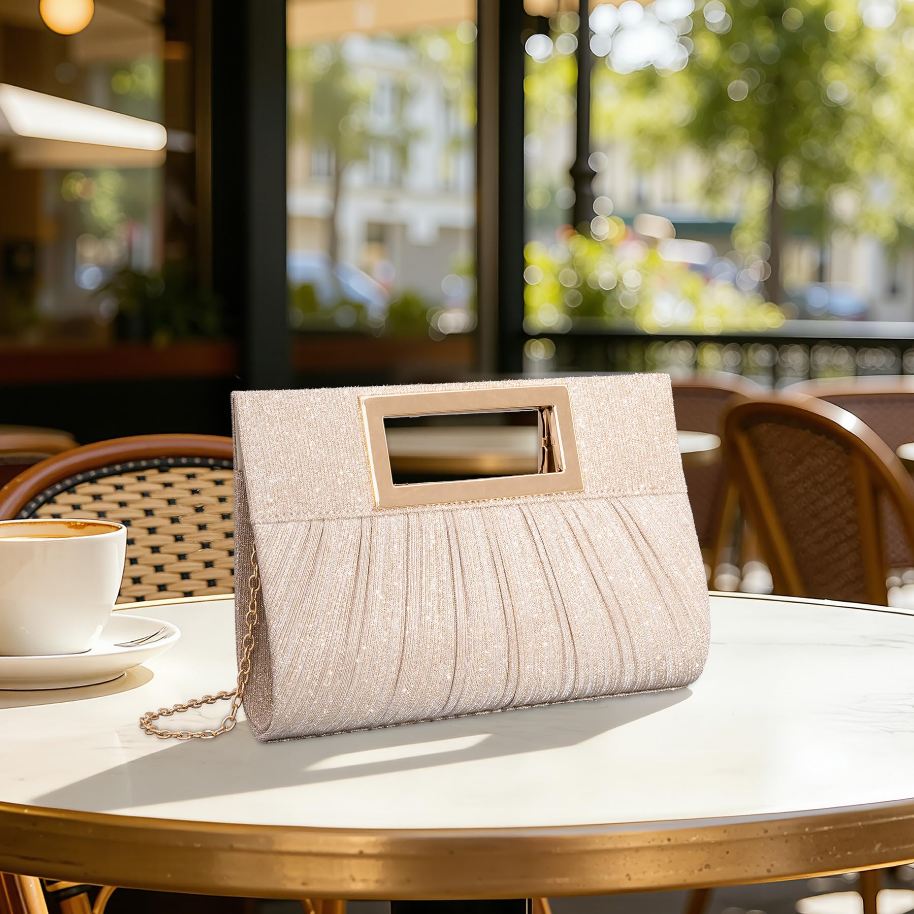 Larcenciel Bolso Clutch Mujer Champán, Bolsos de Fiesta de Plisado con Asa Superior y Cadena, Mujer Bandolera de Moda con Lentejuelas, Cartera de Mano Elegantes para Fiesta Boda Ceremonia, 24x4x17CM