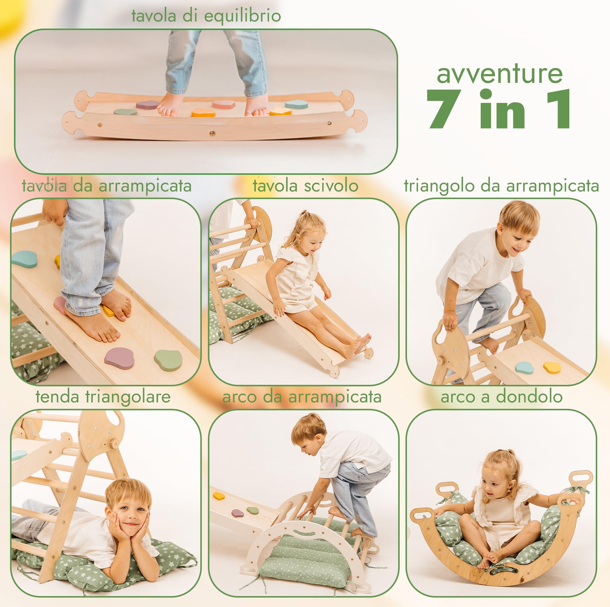 Goodevas 5-in-1 Telaio da Arrampicata per Bambini - Scala a Triangolo, Arco per Arrampicata, Balance Board e Cuscino, Telaio da Arrampicata Montessori, Palestra in Legno per Bambini da 1 a 3 Anni