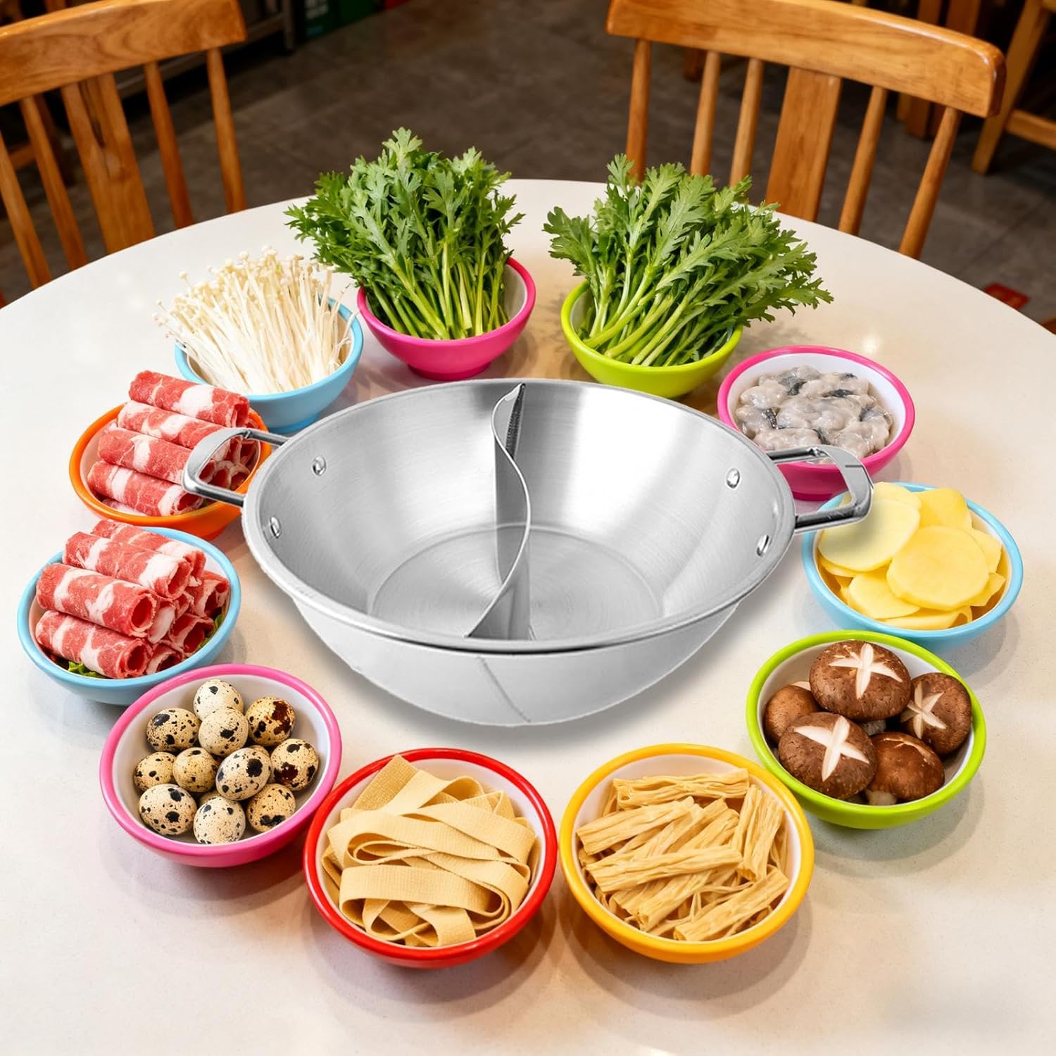 Yajuyi Stainless Steel Divided Hot Pot Versatile Fit Induction Cooktop Gas Soup Cookware Mandarin Duck Pot for Party Household, 42cm