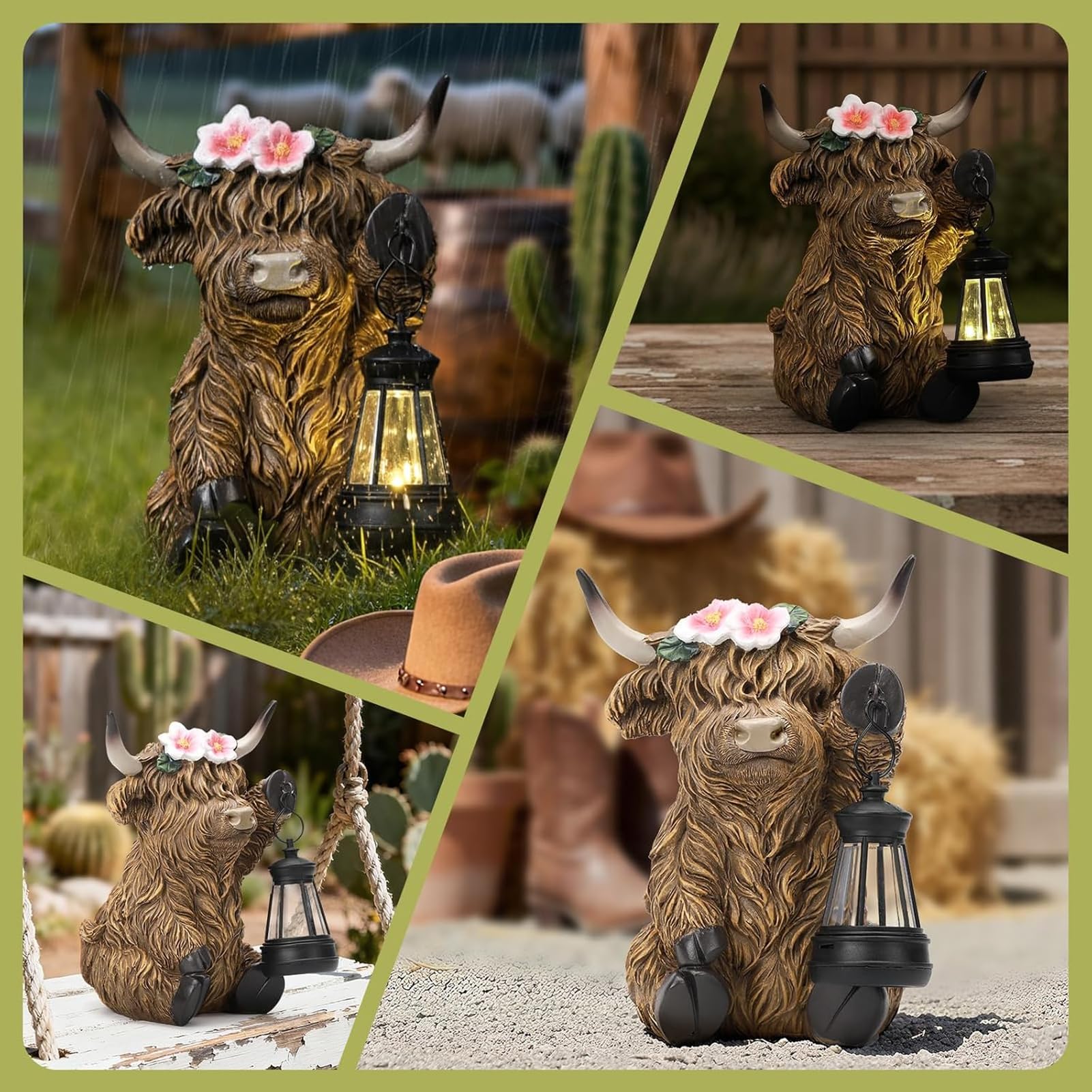 Highland Cow Kuh Figuren mit Blumen Solar Deko für Gartendeko & Wohnzimmer - Solar-Laterne, Bernstein-LED, autom. EIN/Aus, wetterfeste Harzfigur für Garten, Balkon & Bauernhof-Deko
