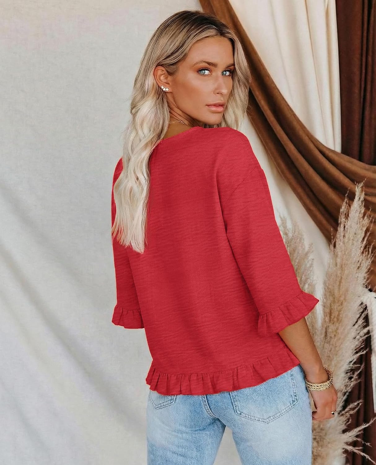 siliteelon Womens 3/4 Sleeve Tops Summer Tshirts Ruffle Flowy Crew Neck Dressy Casual Blouses 2026 Trendy Cute Work Outfits - Image 2