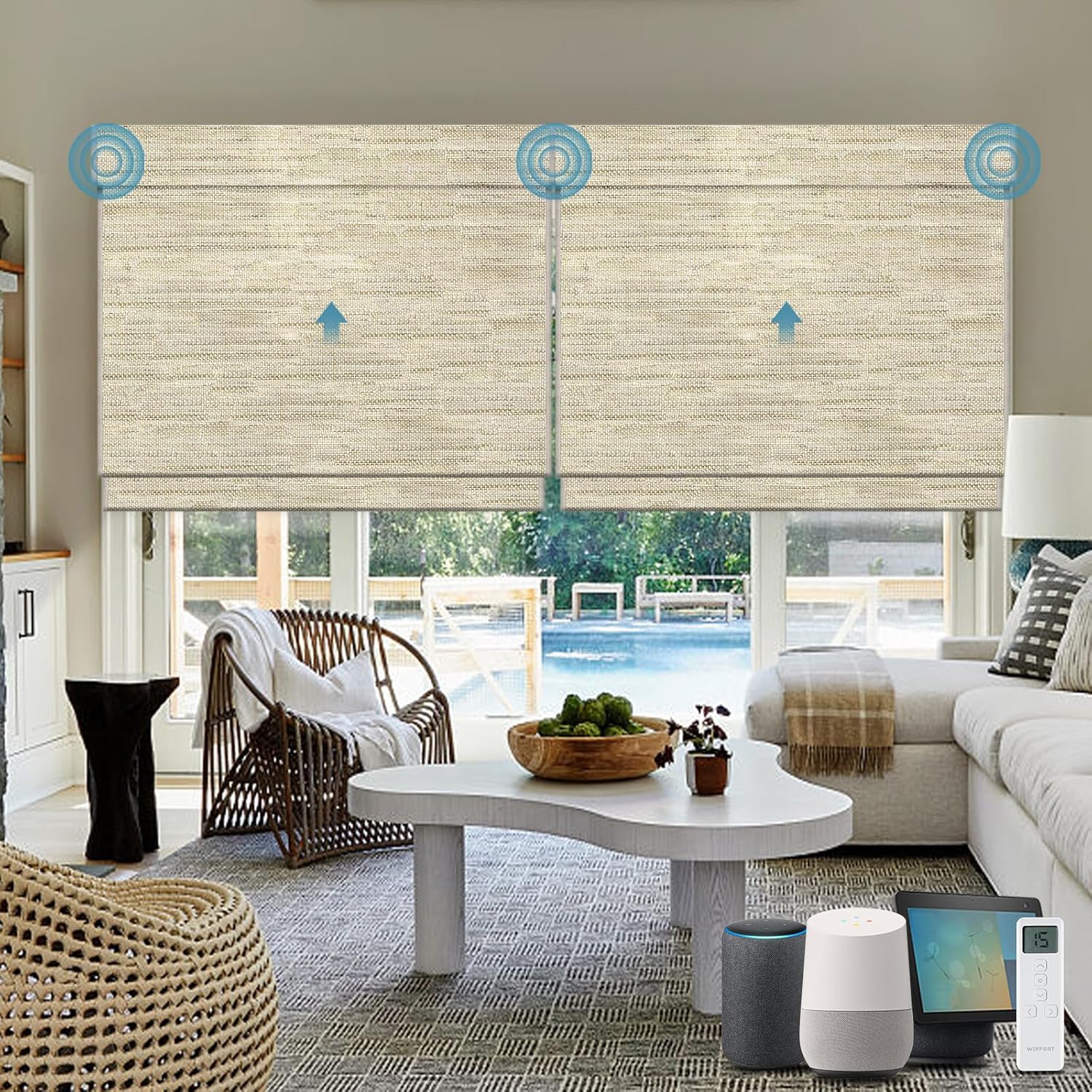Motorized Roman Shades, Woven Woods Shades, Work with HomeKit/Alexa/Google Home, Cordless, Custom Size, Crocheting Kenaf