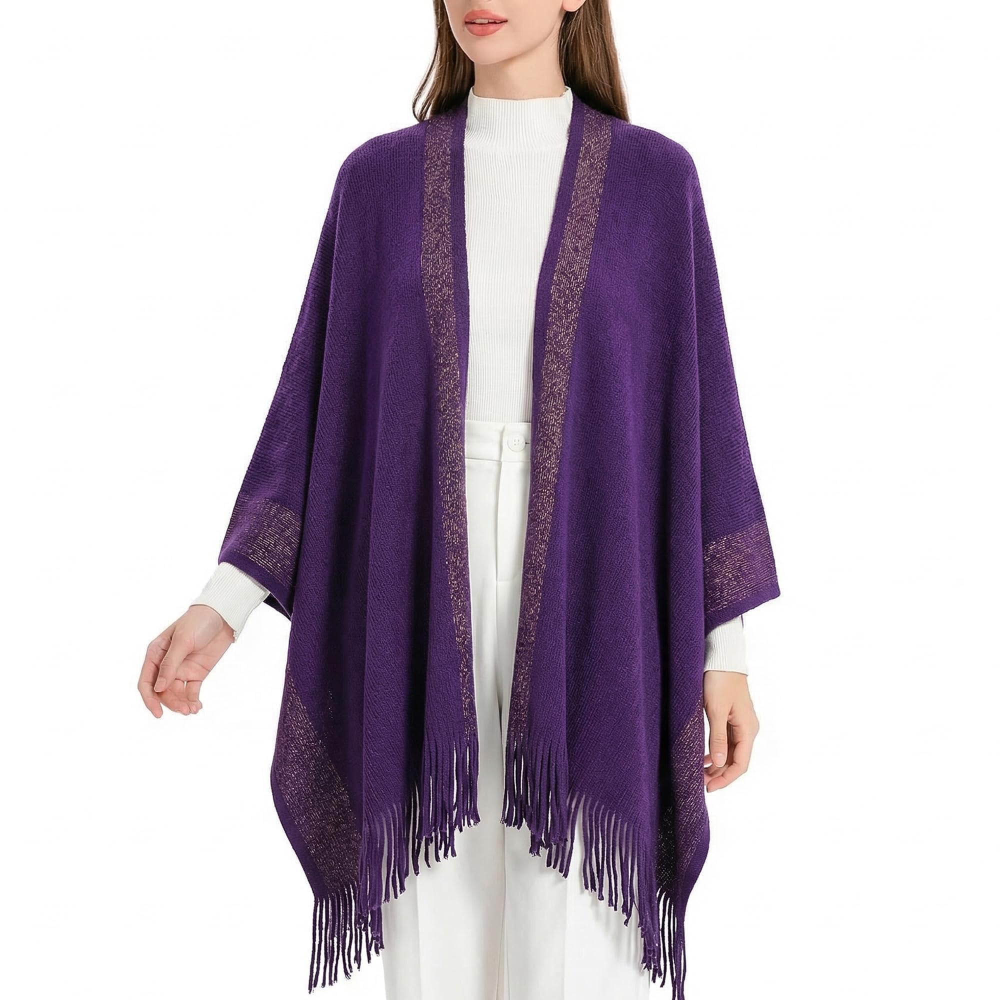 ZLYC Femmes Hiver Ouvert Cape Chaud Poncho Garniture à Franges