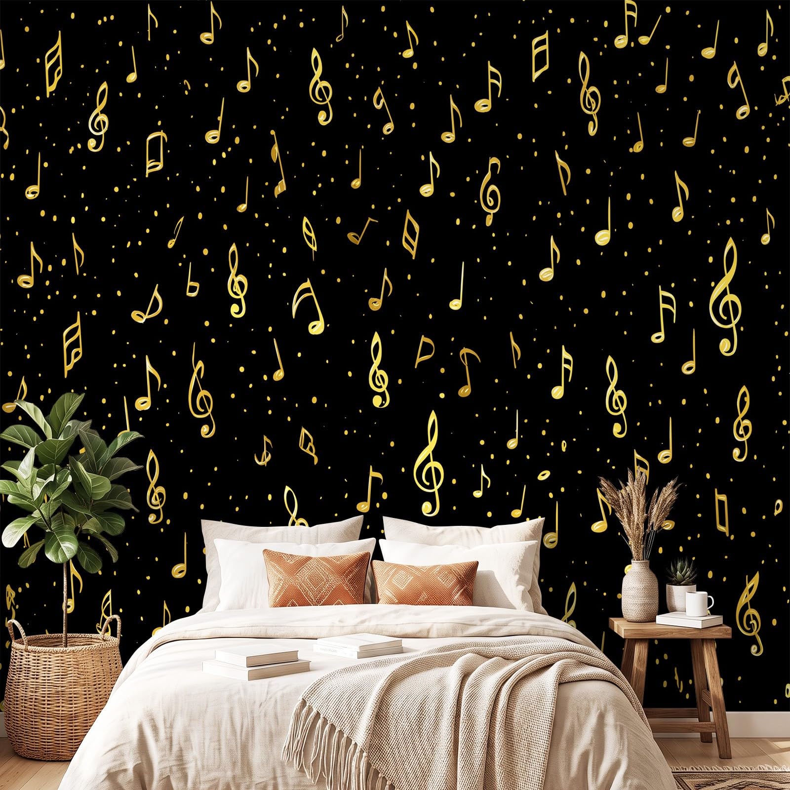 Genérico Papel pintado no tejido negro oro notas musicales Allover 350 x 256 cm, papel pintado panorámico de pared, música clásica, póster tapiz, decoración para sala de estar, dormitorio infantil