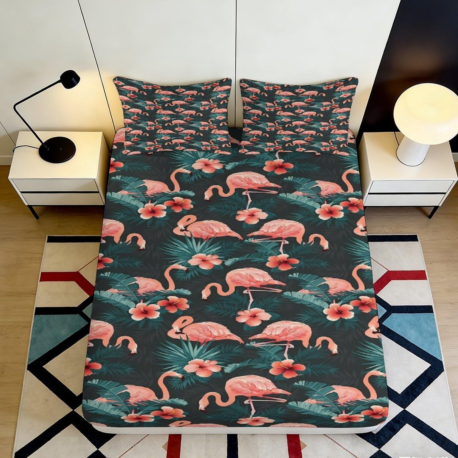 3D Printed Tropical Flamingo Fitted Sheet Microfiber Deep Pocket Non-Slip Bedding Flamingo Mattress Fitted Cover Washable for Bedroom 140x200x25cm