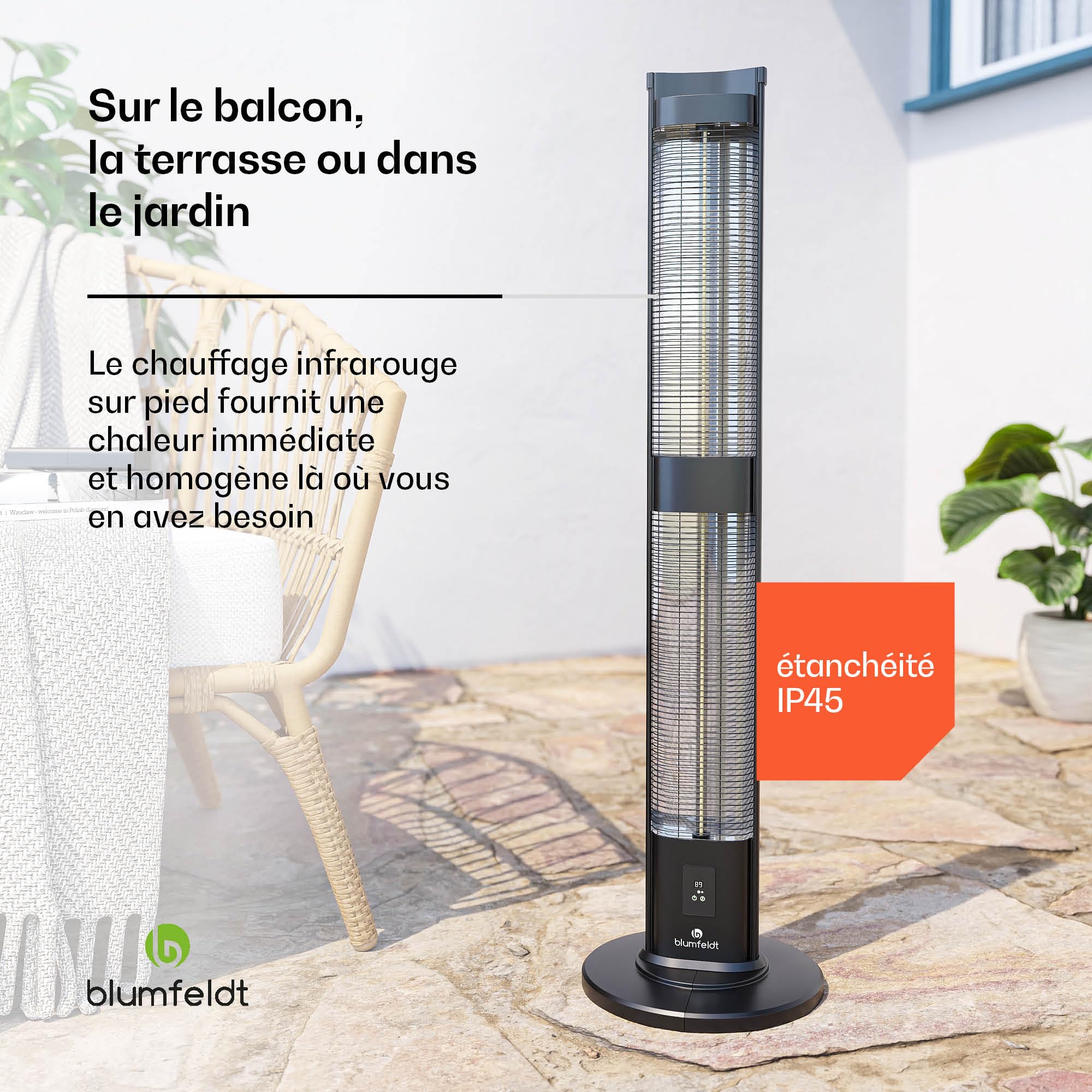 Blumfeldt BlazeTower radiateur infrarouge - 3000 W, chaleur réglable, IP45, protection anti basculement, télécommande & minuterie 24H - idéal pour terrasse & jardin