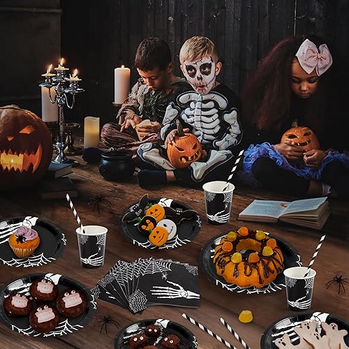 Miniatura 6 de Suministros para fiesta de Halloween, decoraciones de fiesta de Halloween, el juego de vajilla de Halloween incluye platos llanos, platos de postre,