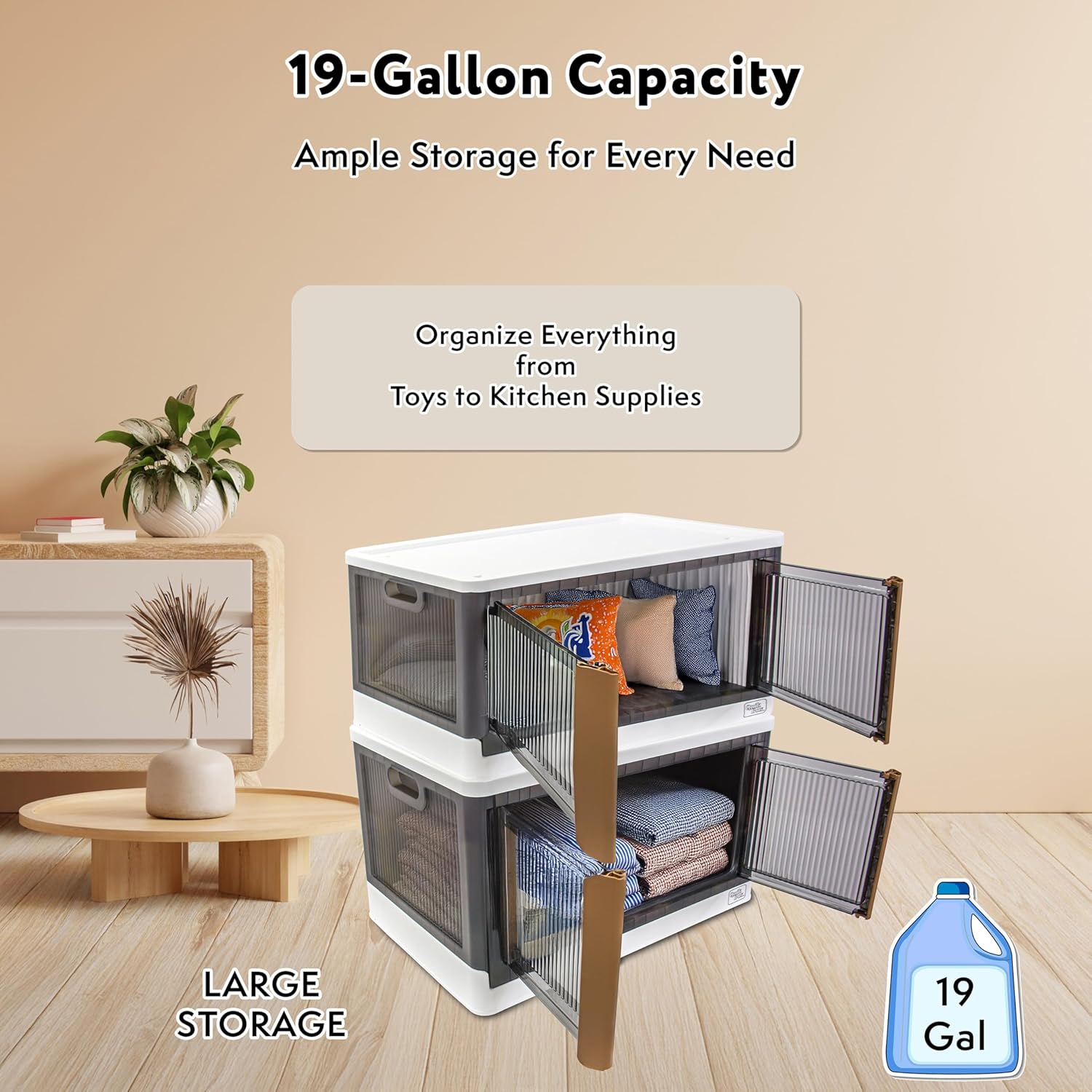 dbest products Quik Box - 19 Gallon 3 Pack Stackable Storage Bins with Doors, Collapsible Organizer Foldable Container, for Bedroom Living Room Neat, Tidy Dorms and Organized Homes, Boxes