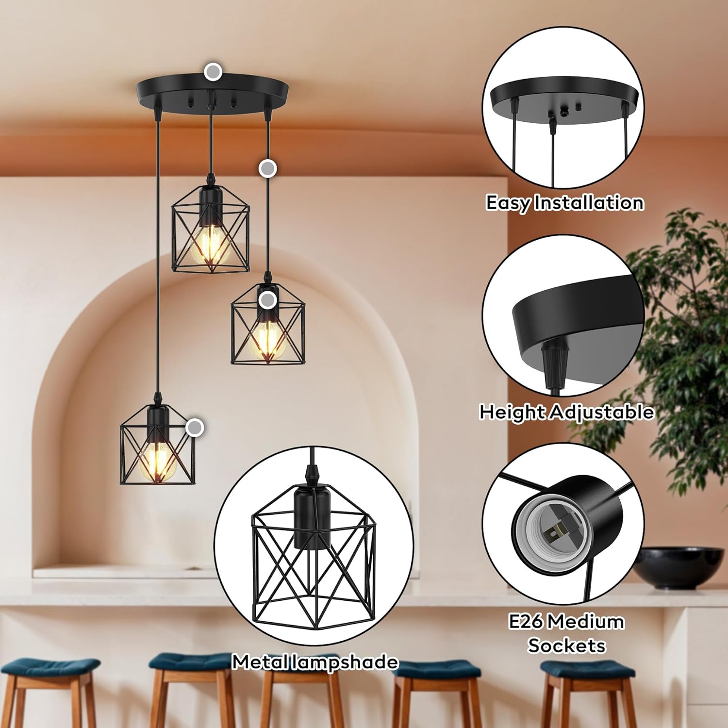 3 Light Pendant Lighting, Farmhouse Hanging Light Fixture for Kitchen Island & Dining Room, Industrial Vintage Ceiling Lamp with E26 Base, Adjustable Height, Matte Black