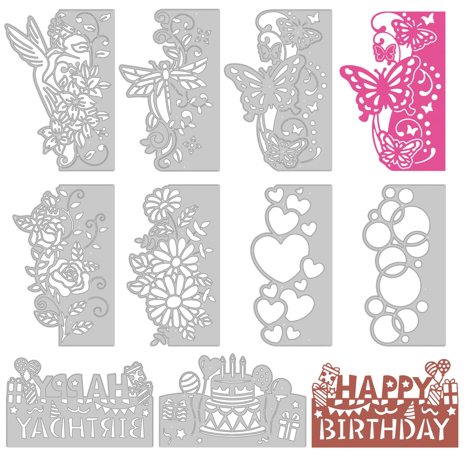 TWINKLEMON 9PCS Die Cuts for Card Making Metal Cutting Dies Flower Butterfly Dragonfly Bird Bubbles Love Heart Happy Birthday Cake Cutting Embossing