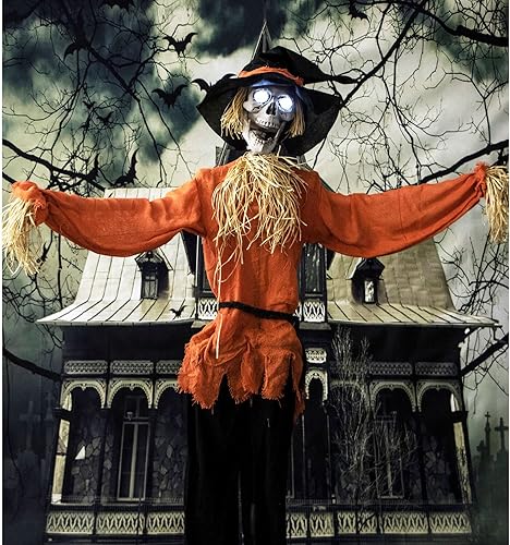 Miniatura 3 de Haunted Hill Farm 6 pies. Espantapájaros de Halloween con efectos de sonido, ojos verdes intermitentes, se activa con movimiento, funciona con