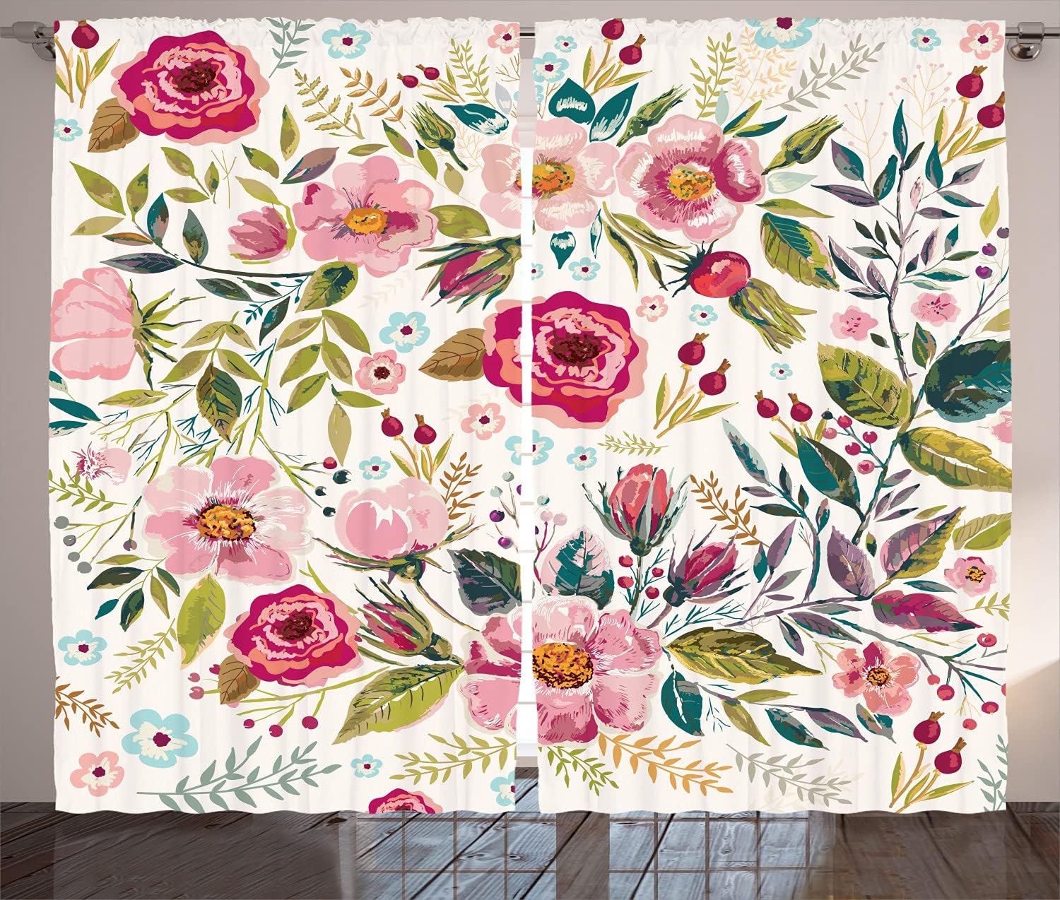 Ambesonne Floral Curtains, Shabby Form Flowers Roses Petals Dots Leaves Buds Spring Season Theme Image Artwork, Living Room Bedroom Window Drapes 2 Panel Set, 108" X 96", Magenta