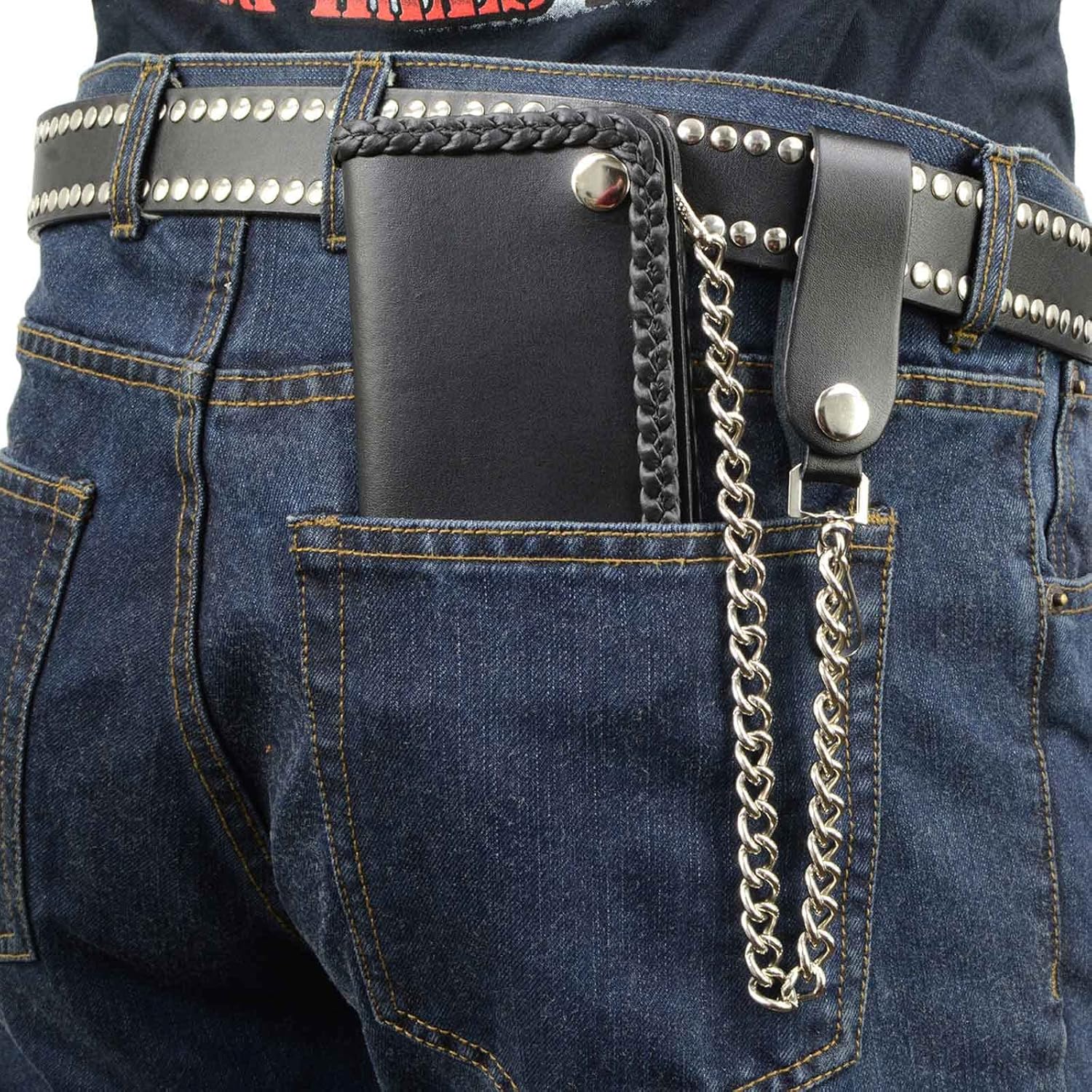 Milwaukee Leather MLW7881 Men's 6” Long Leather “Braided” Bi-Fold Biker Wallet w/Anti-Theft Stainless Steel Chain - One Size
