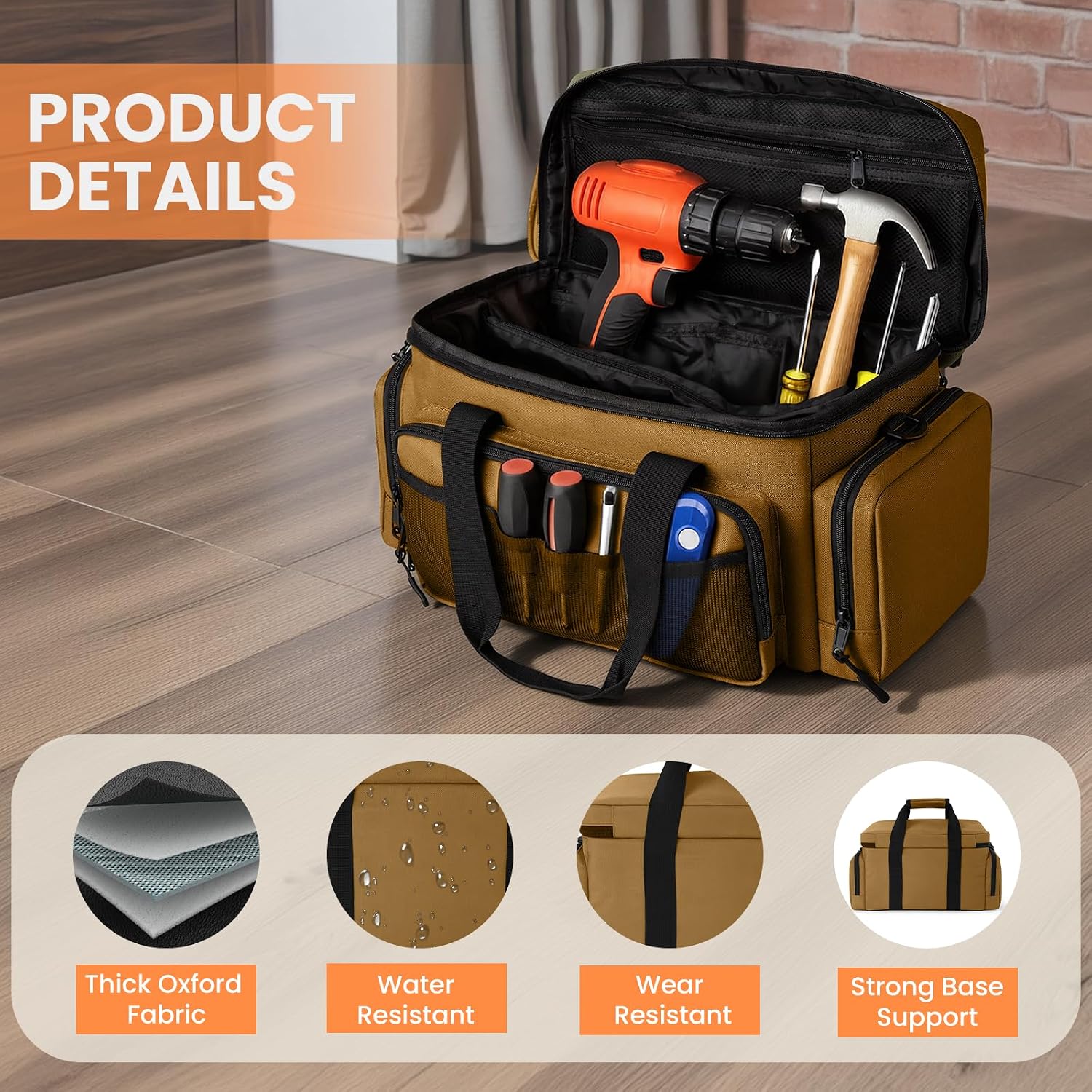 VJI Heavy Duty Tool Bag with Multi-Pockets, Portable Storage Bag with Large Zipper, Carrying Toolbag with Adjustable Shoulder Strap and Ergonomic Handle, Repairman, Carpenters, Handyman, Khaki