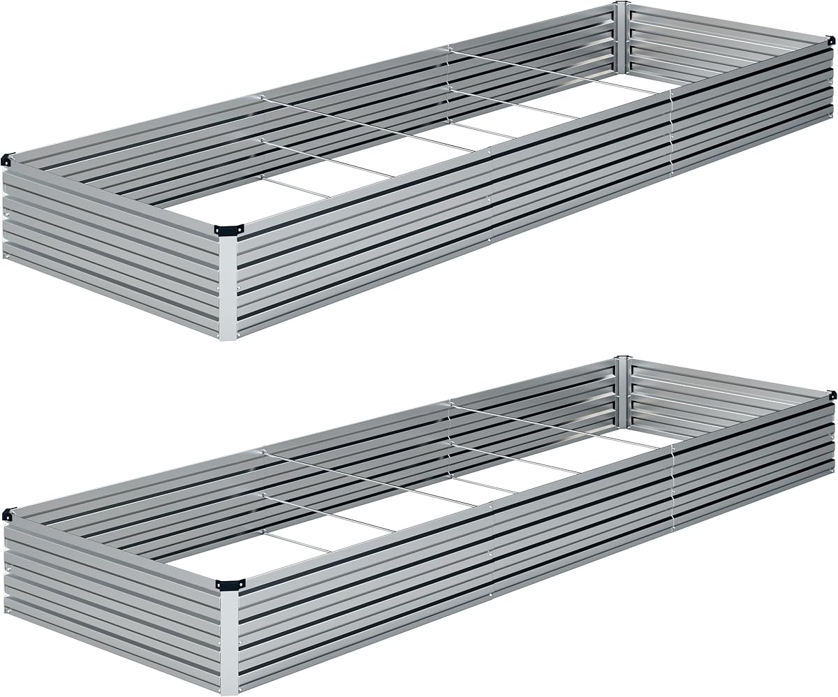 2PCS 10x3x1ft Galvanized Raised Garden Bed Kit,Gardening Planter Box | Outdoor Elevated Metal Planter Box For Vegetables, Flowers, Herbs, Anti-Rust Galvanized Steel, Open Drainage, Sturdy (Silver)