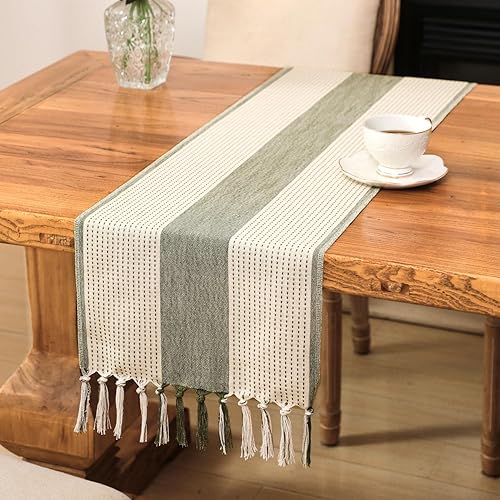 Miniatura 7 de Camino de mesa rústico de granja de 90 lches, estilo arpillera largo, 13 x 90 pulgadas, camino de mesa trenzado hecho a mano con borlas para
