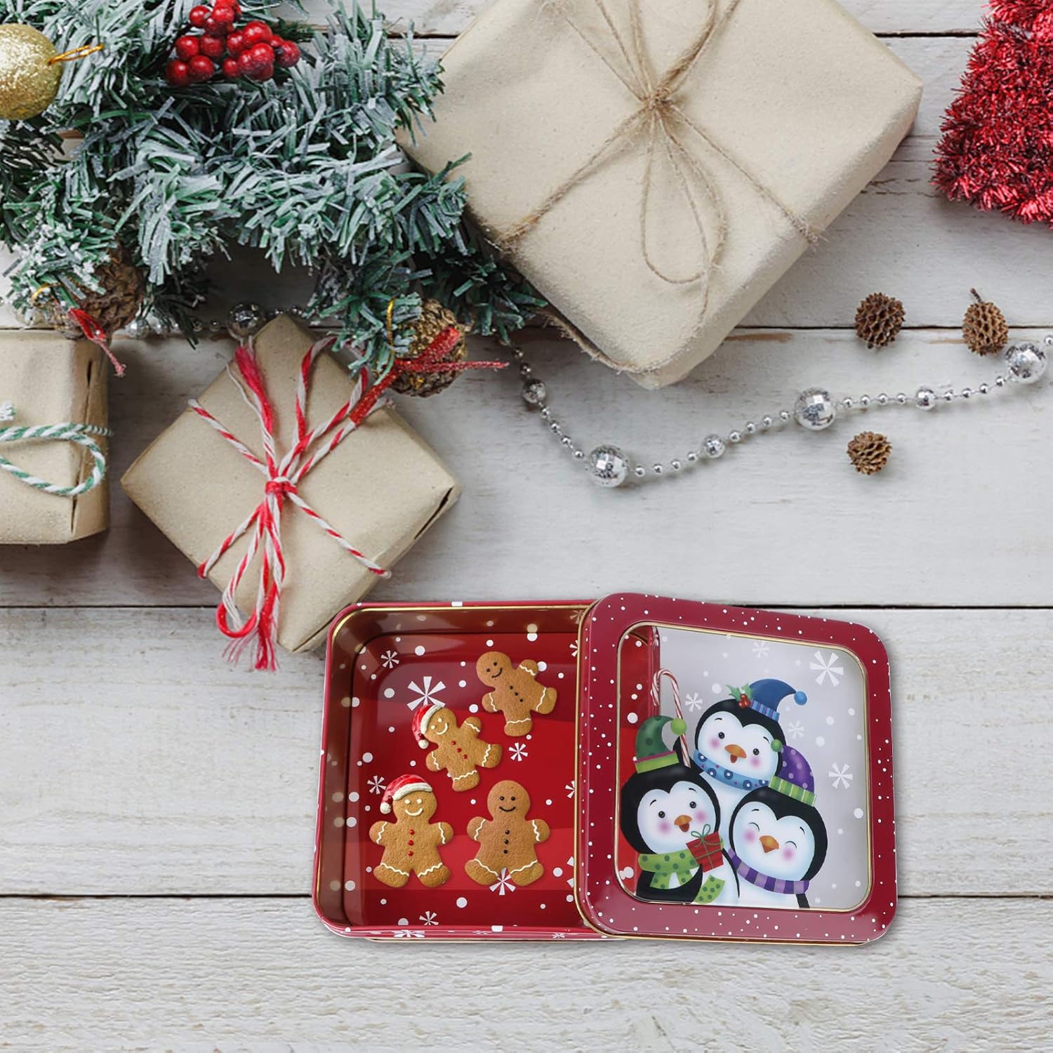 Christmas Candy Tin Tinplate Empty Tins Square Cartoon Santa Snowman Storage Container for Xmas Holiday Party Supplies (Penguin)