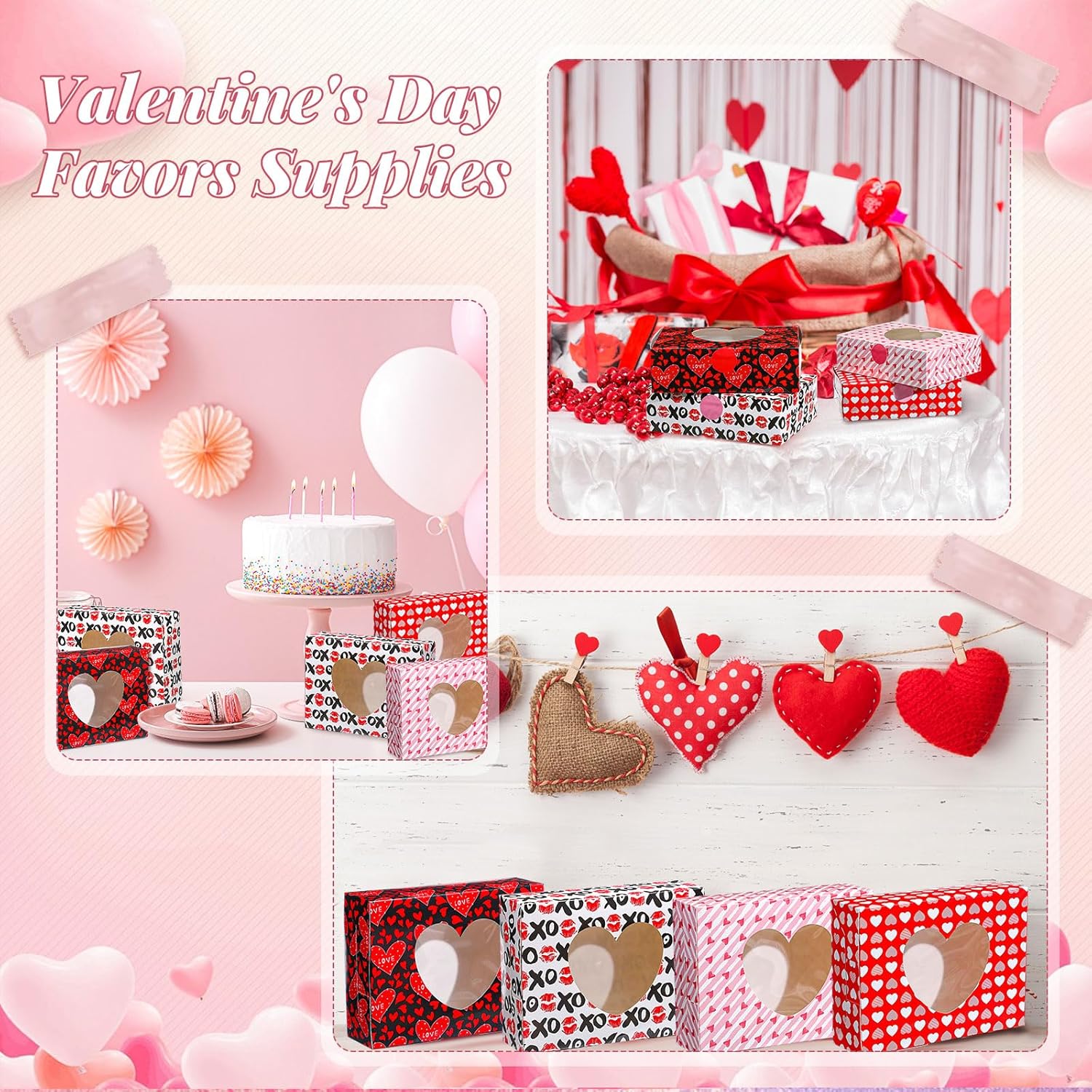 60 Pcs Valentines Heart Bakery Cookie Boxes 8 x 6 x 2.5'' Red Pink Treat Boxes with Window Cupcake Candy Gift Container with Sticker for Women Mothers Day Party Favors (Heart)