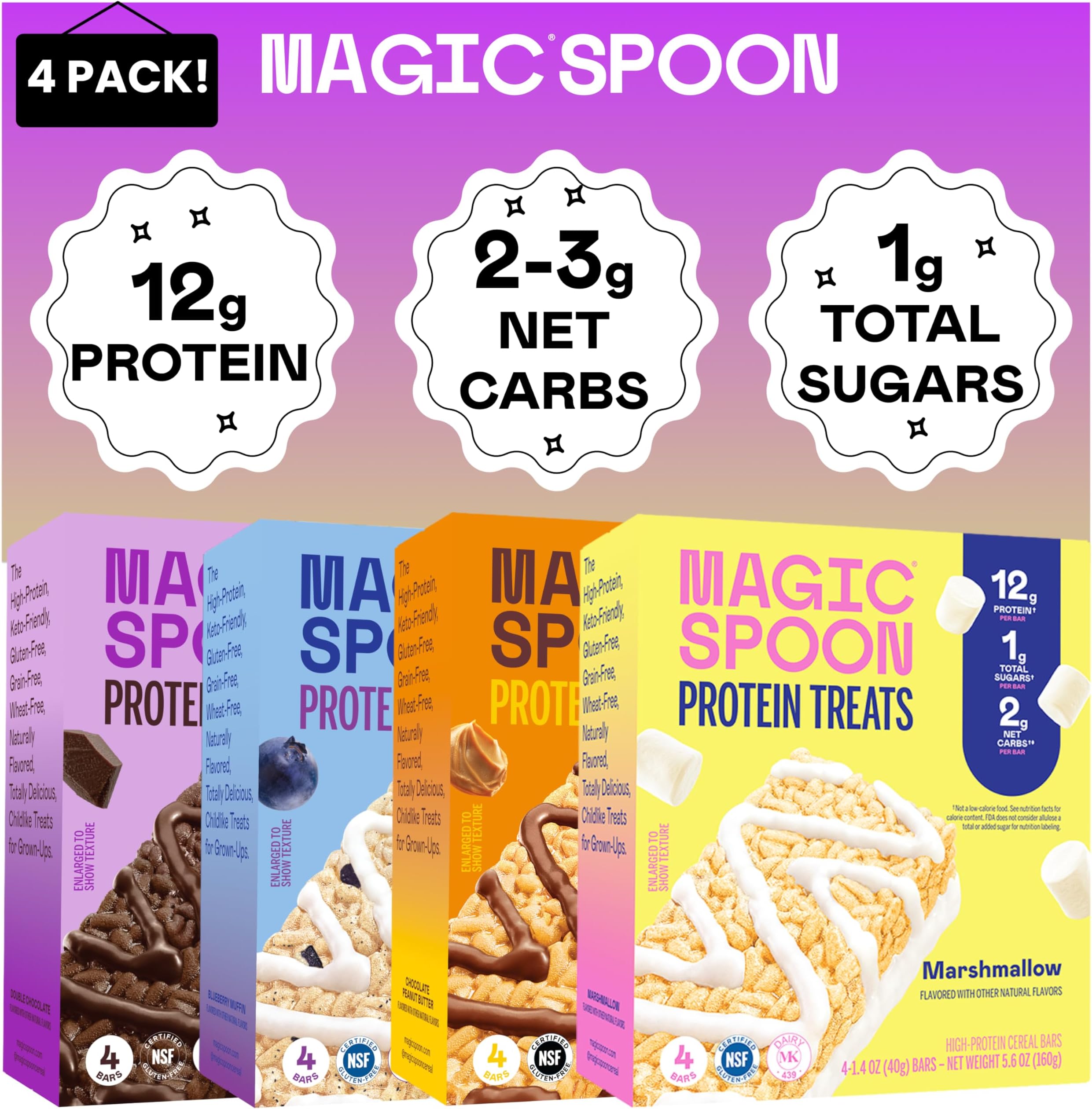 Treats - 16 High Protein Bars: 4 Blueberry Muffin, 4 Double Chocolate, 4 Marshmallow, 4 Chocolate Peanut Butter - High Protein Gluten Free Snack - Sugar & Gluten Free Protein Cereal Bar