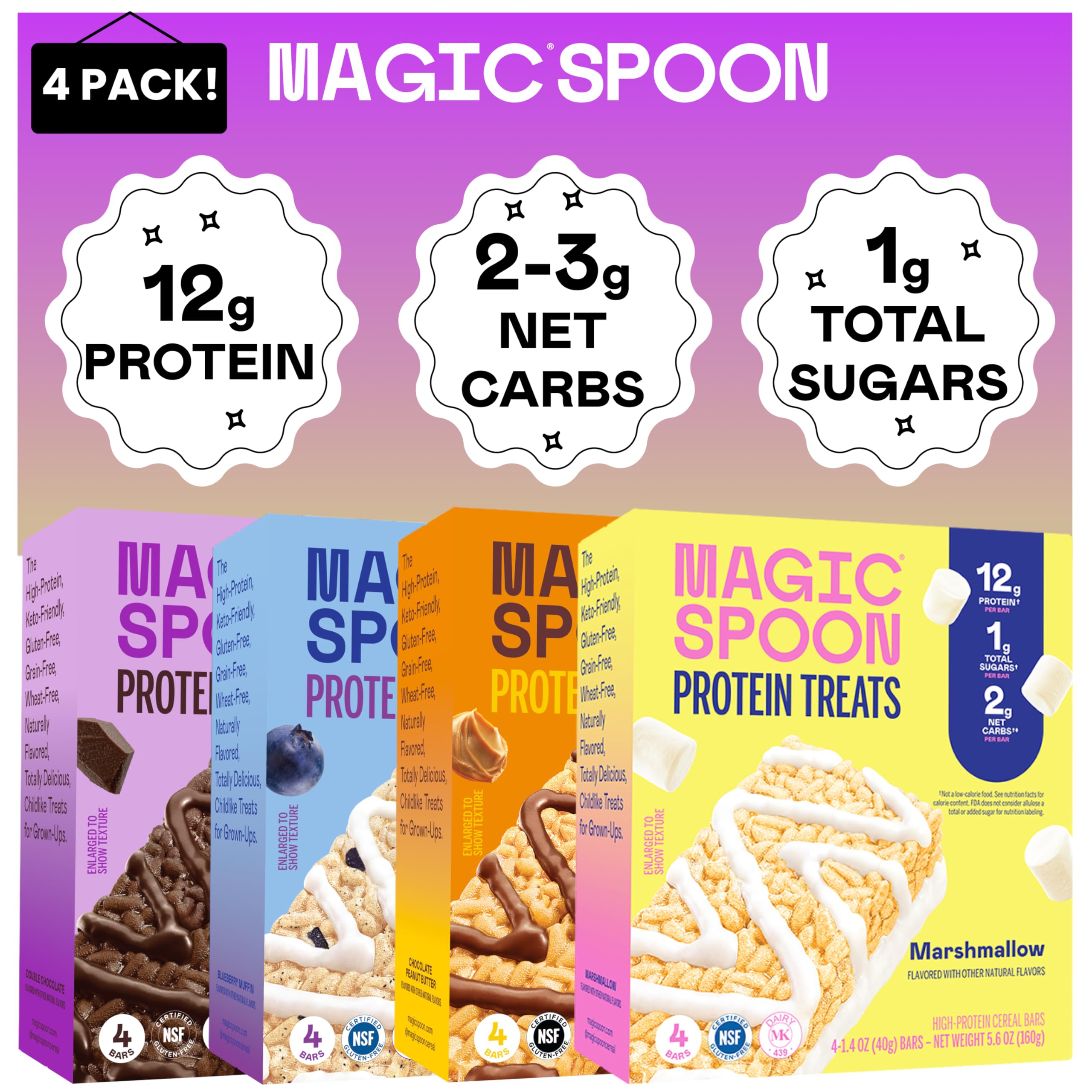 MAGIC SPOON Treats - High Protein Bars, Low Carb, Keto Friendly, 1g of Sugar, Gluten Free, Crispy Treat Cereal Bar, On-The-Go Healthy Snack (4 each of Marshmallow, Chocolate PB, Blueberry Muffin, Double Chocolate)