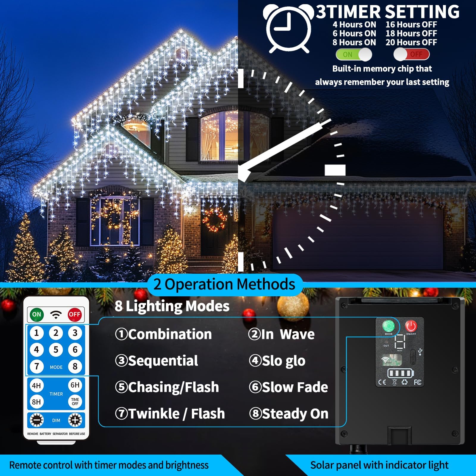 2500mAh Solari Luci di Natale da Esterno,25+5M 800LED Impermeabile Luci Natalizie da Cascata,Con 8 Modalità &Timer e Memoria Luci di Natale da Esterno per Balcone Finestra Casa Ringhiera