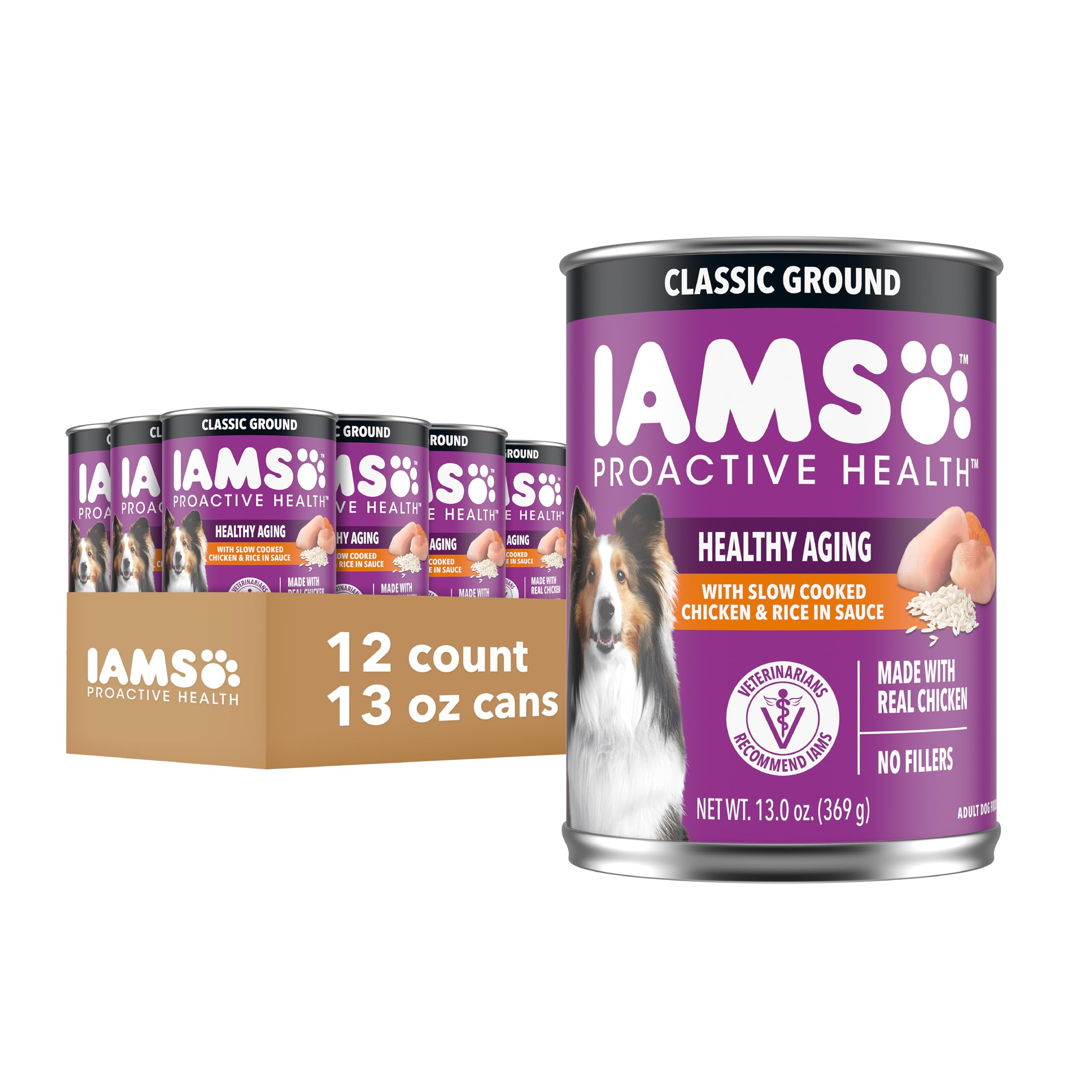 IAMS Proactive Health Healthy Aging Wet Dog Food Classic Ground with Slow Cooked Chicken and Rice, 13 oz. Cans (12 Count, Pack of 1)