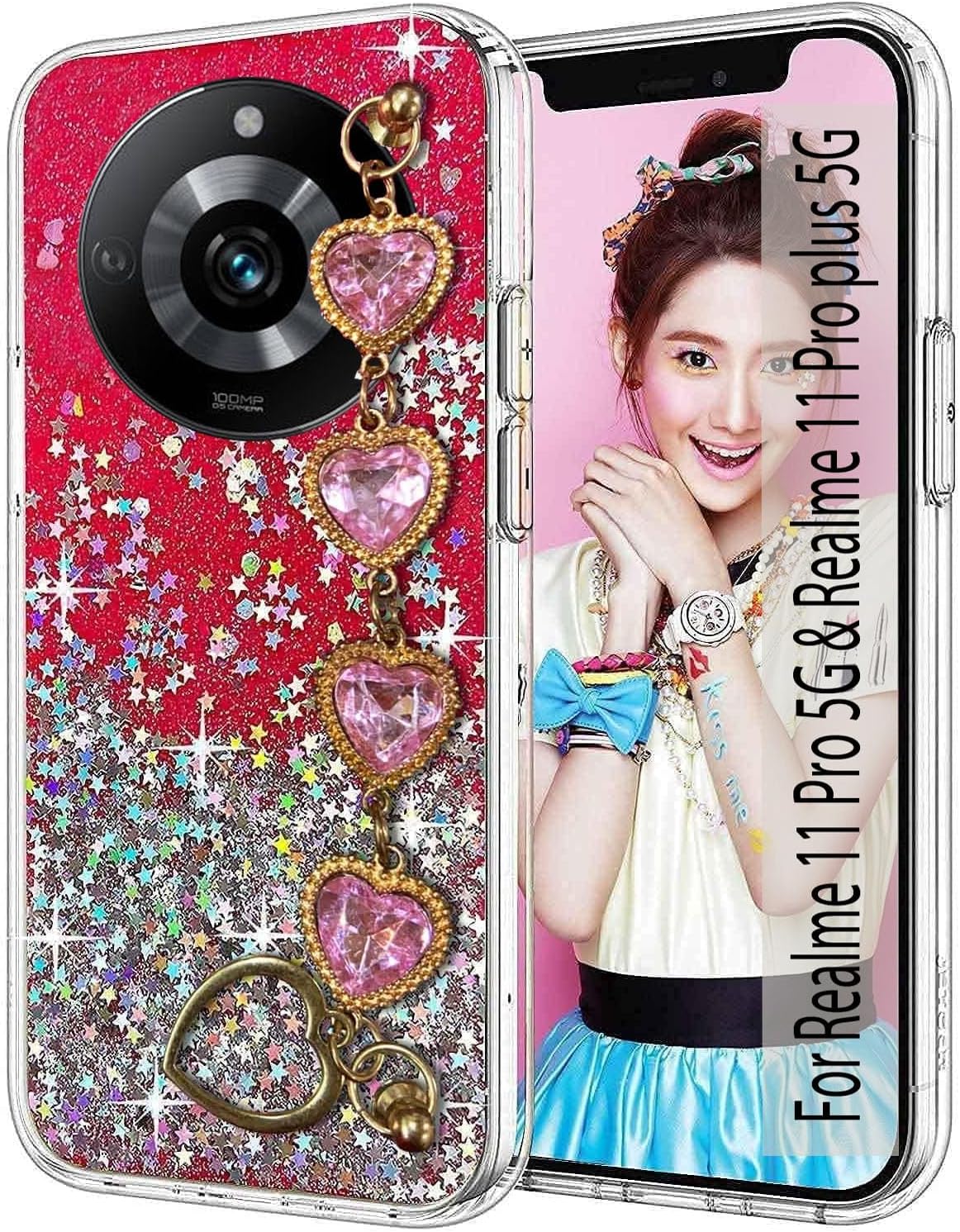 KCBack Cover for Realme 11 Pro 5G & Realme 11 Pro Plus 5G - Epoxy Dry Non Moving Luxury Diamond Bracelet Holder TPU Sparkle Stars Silicone Girls Women Camera Protection Case (Pink)