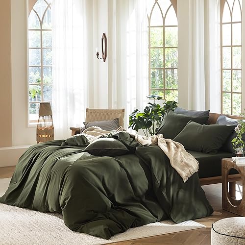 Miniatura 3 de MooMee - Juego de funda de edredón, 100% algodón lavado, textura parecida al lino, transpirable, duradero, suave y cómodo (verde oliva, King)