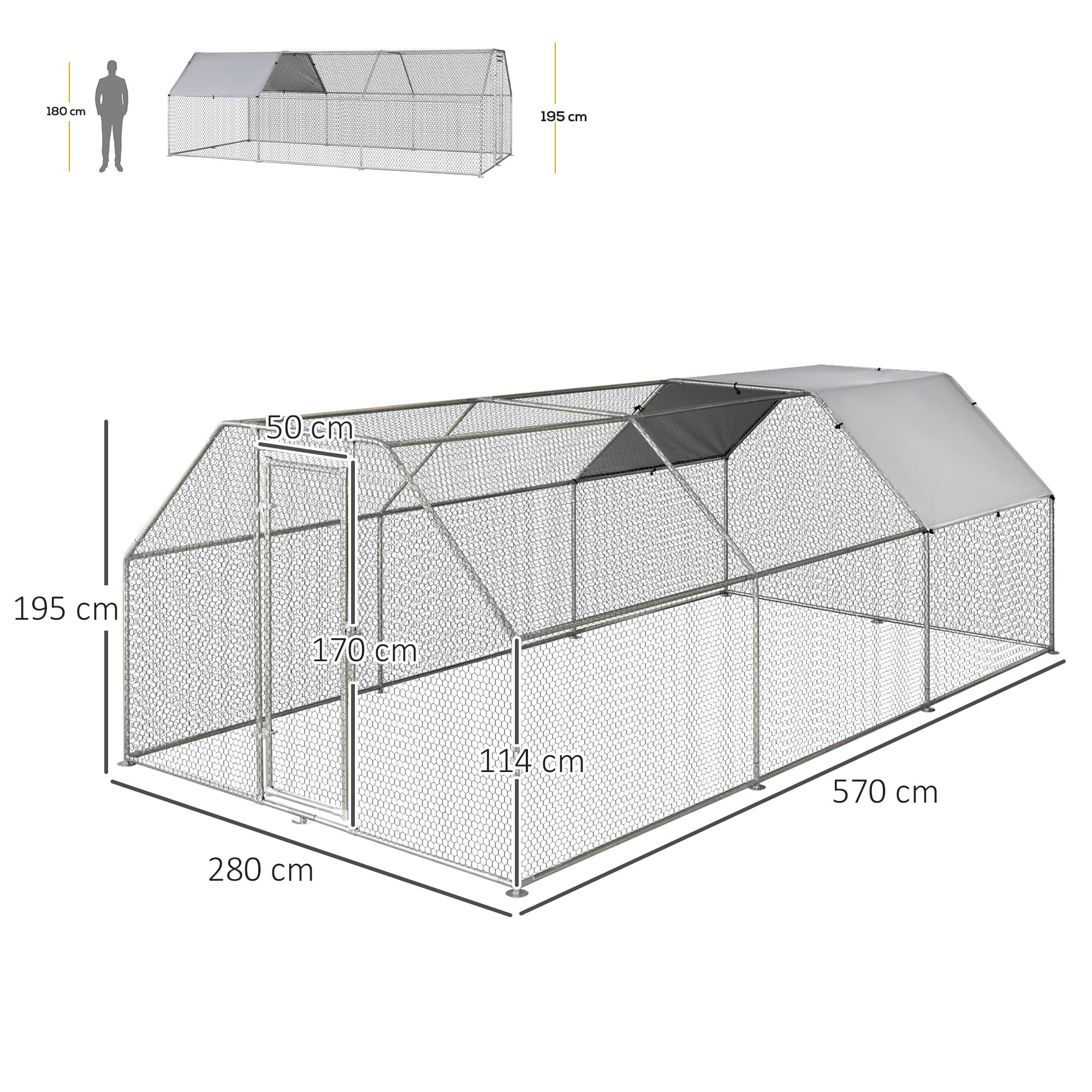 Pawhut Gallinero de Exterior 2,8x5,7x1,95 m Jaula con Cerradura para Aves de Corral de Metal Galvanizado y Cubierta Oxford