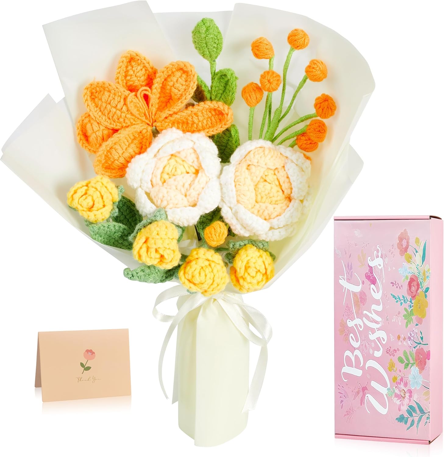 Crochet Flower Bouquet for Mom, Valentines Handmade Crochet Flowers Gifts, Knitted Tulips Rose Bouquet for Women, Birthday Graduation Gifts for Her (Orange)