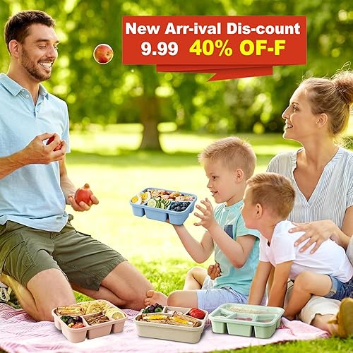 Miniatura 2 de Hlukana 4 Pack Bento Lunch Box, 4 Compartment Wheat Straw Meal Prep Containers for KidsToddleAdults, BPA Free Reusable Food Storage Containers,