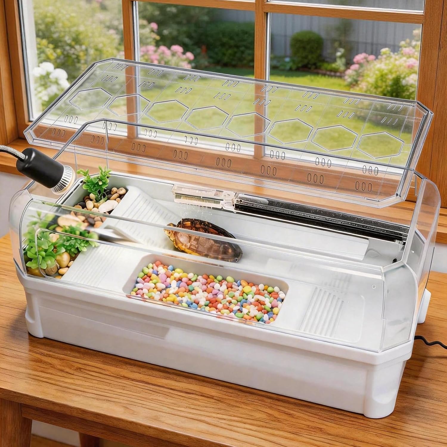 Turtle Tank Kit with 3-Stage Filter, Basking Platform & Heat Lamp - Complete Turtle Aquarium Habitat for Water Turtles, Enclosure or Hermit Crab Tank, Easy Drain Starter Kit White, 18.1 Inch