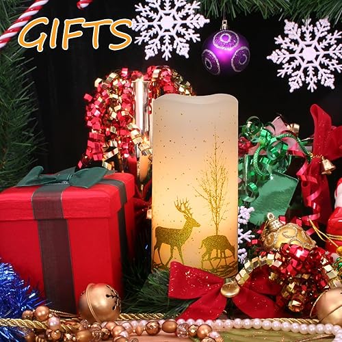 Miniatura 5 de Paquete de 2 velas LED parpadeantes sin llama, velas de cera a pilas con temporizador remoto, velas de pilar sin llama con calcomanía de ciervo del