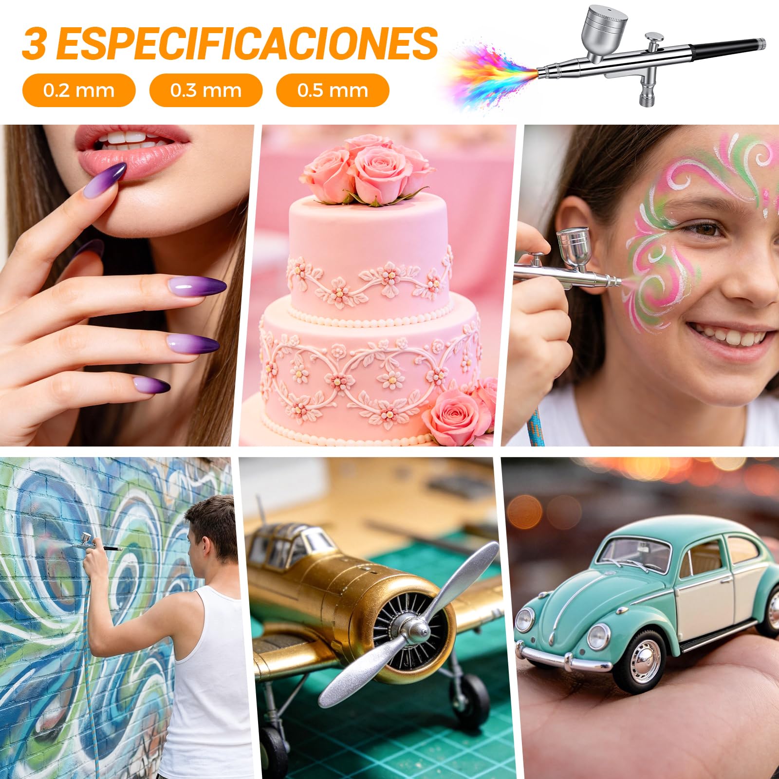 Kit de Aerógrafo con Compresor de 40 PSI de Doble Acción con 3 Tamaños de Boquilla (0,2/0,3/0,5 mm) para Modelismo, Maquillaje, Pintura de Coche