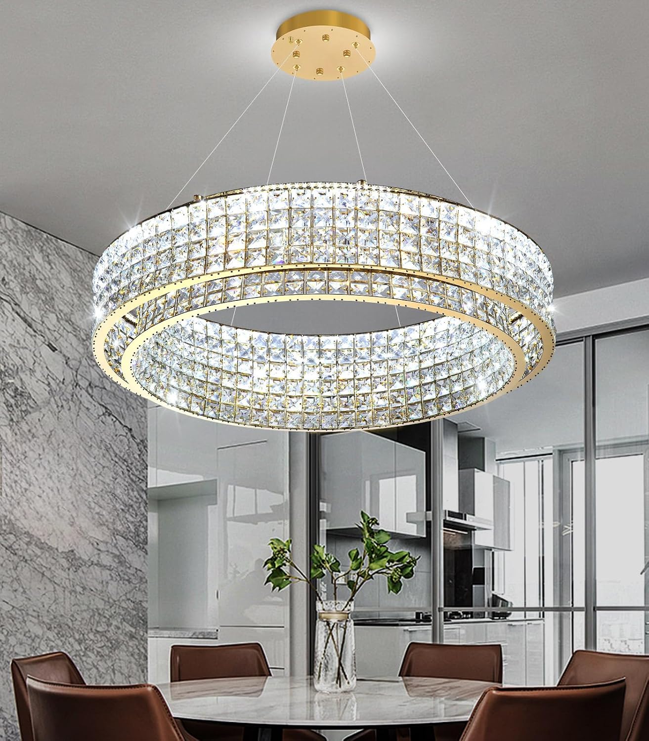 W32 Modern Chandeliers for Living Room LED Dimmable Pendant Lighting High Ceiling Chandelier for Dining Room Foyer Hallway Crystal Rectangle Light Fixtures Gold