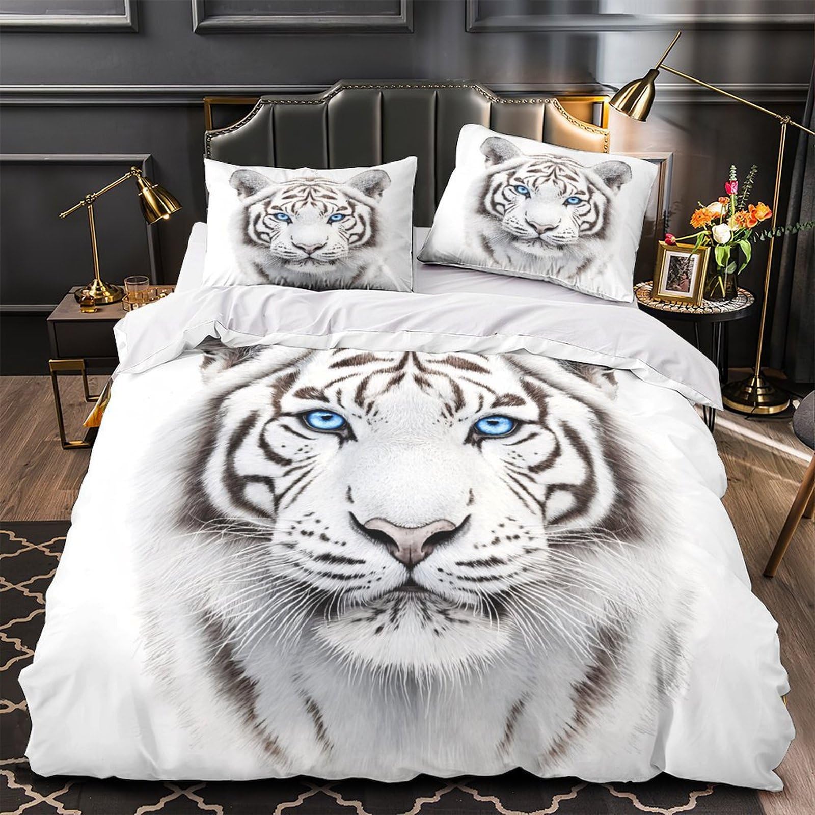 Housse de couette 135x200cm tigre blanc hypoallergénique et douce