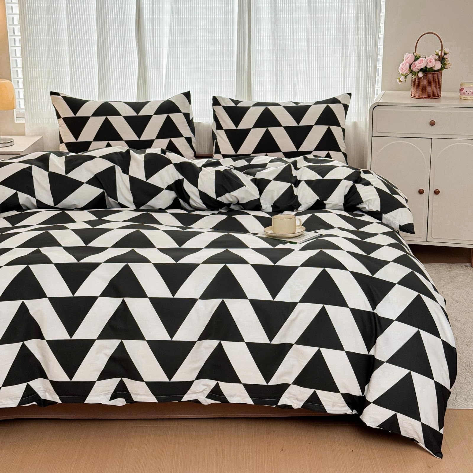 Geometric Duvet Cover Set Twin 100% Cotton Bedding Black and White Triangle 1 Modern Abstract Comforter Cover 2 Pillowcases (Twin)