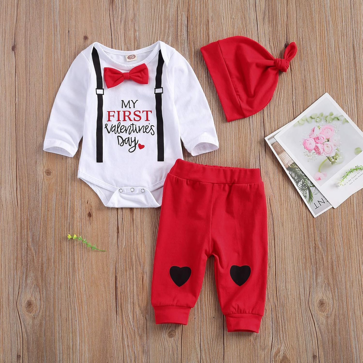 Kuriozud Baby My First Valentine's Outfits Long Sleeve Romper Bodysuit Top Pants Hat 3 Piece Clothes Set - Image 2