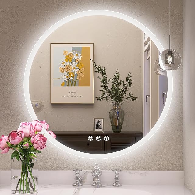STARLEAD Round Bathroom Mirror with LED lights, 600mm Wall Mounted Mirror, LED Bathroom Mirror Bluetooth Mirror, Demister pad/Dimmable/Color Changing