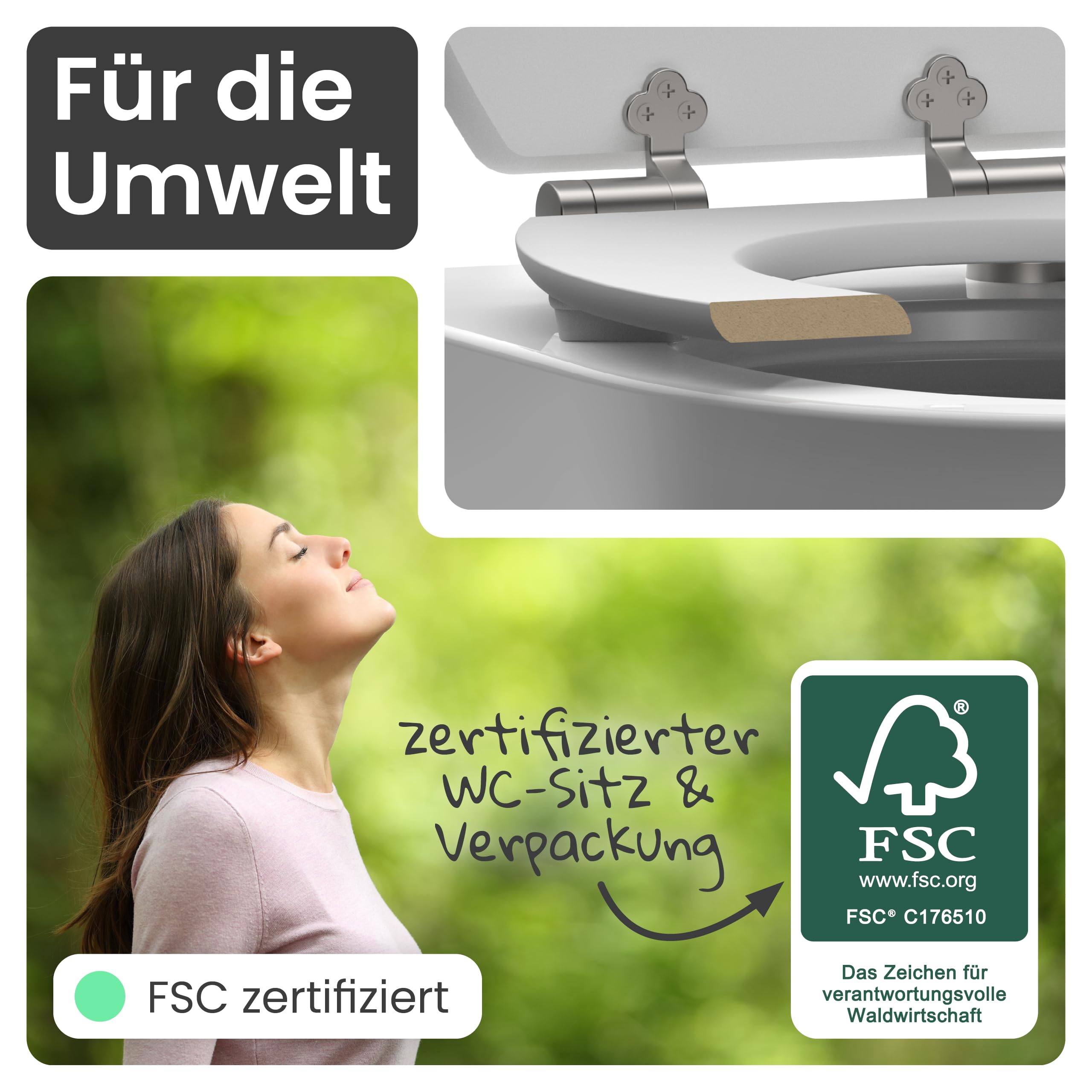 instmaier Gaia | WC Sitz mit Motiv | Dunkles Holz | MDF-Holz geprüft nachhaltig mit FSC-Zertifizierung | Ovale Form | Toilettensitz mit Absenkautomatik | Pflegeleichte Toilettenbrille