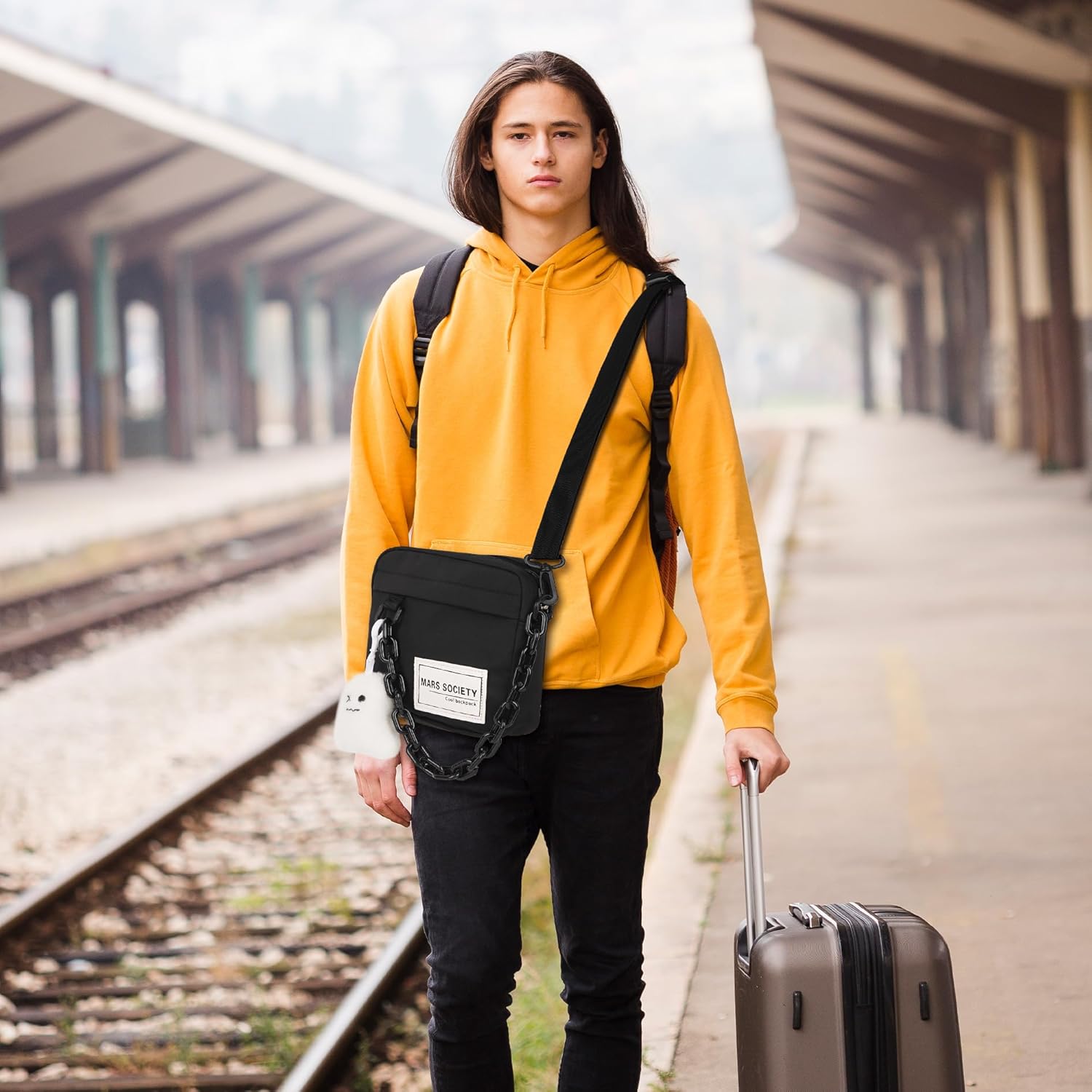 Small Crossbody Messenger Bag for Women Men, Cute Nylon Shoulder Purse Bag with Detachable Ghost Pendant, Black - Image 2