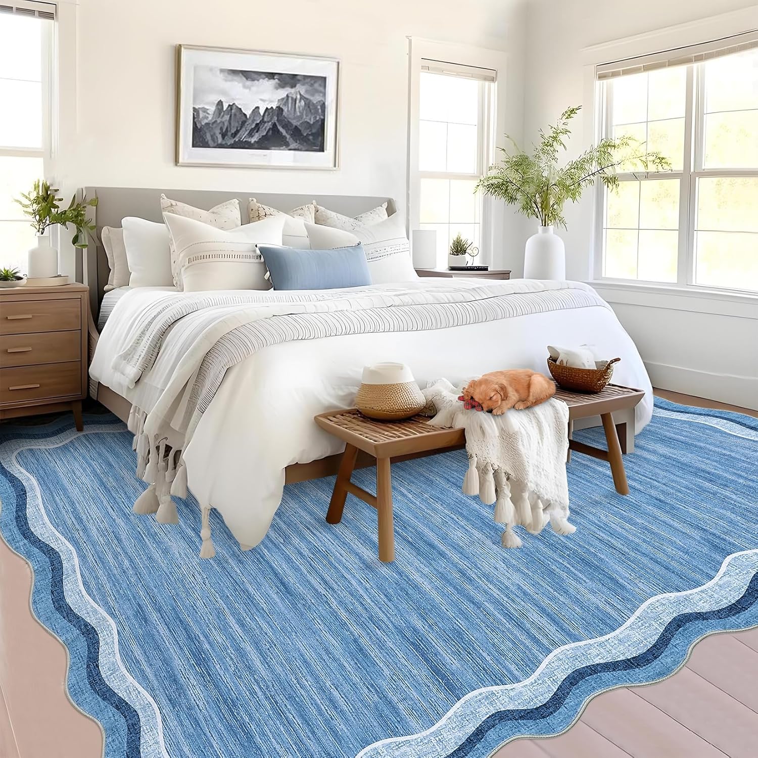 COZYLOOM Large Scalloped Area Rugs 9x12 Washable Modern Living Room Rug with Non-Slip Backing, Contemporary Low Pile Accent Carpet, Stain-Resistant Foldable Floor Cover for Dining Room, Blue