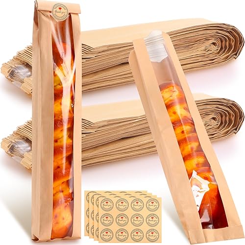 Qilery 240 bolsas de pan de papel con ventana para pan casero, bolsas de panadería francesa largas con 240 calcomanías de sellado de etiquetas para