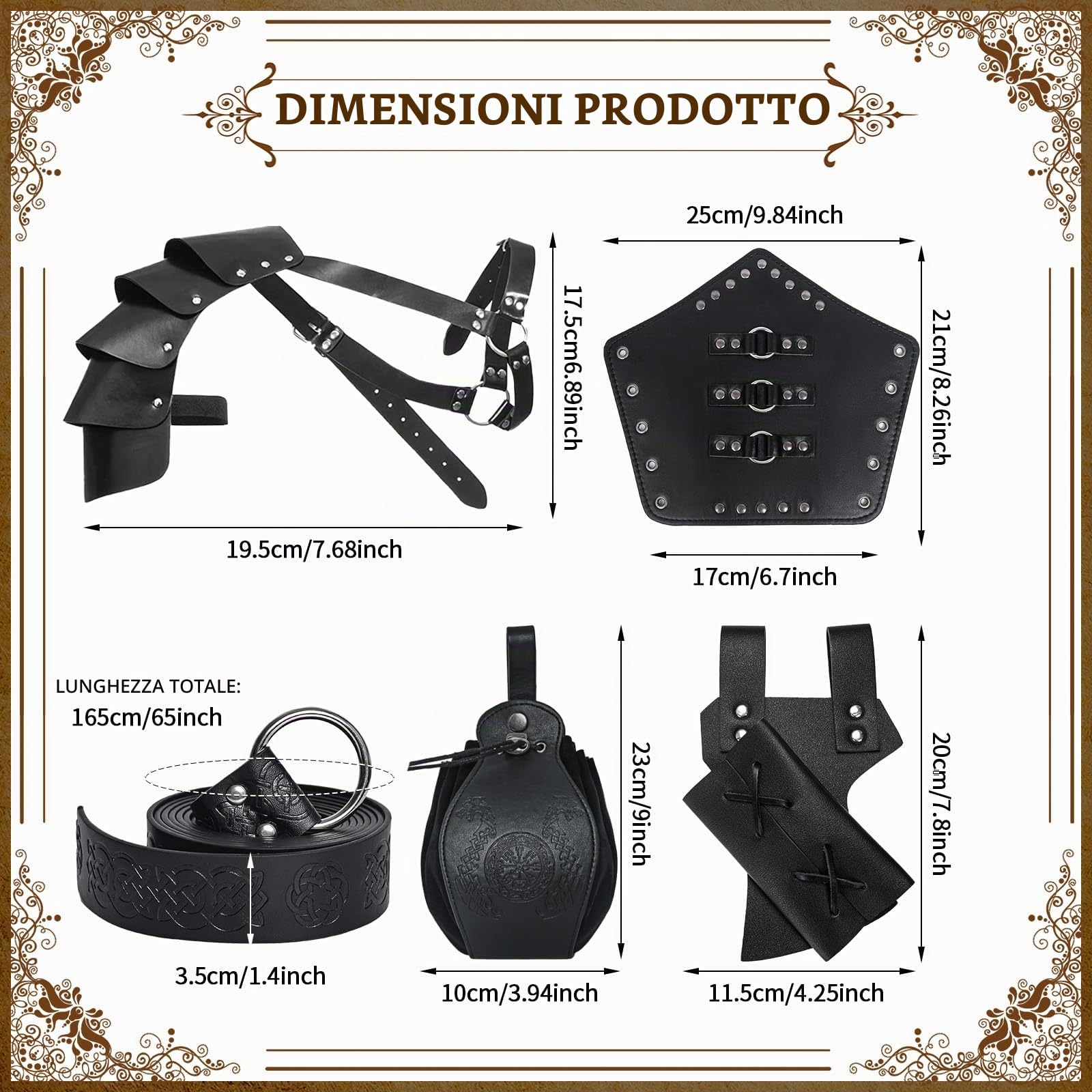 Accessori per cavalieri medievali, Set di accessori retrò per cosplay per uomo, mantello medievale con cappuccio, gurtel e bracciali, borsa da cintura (Style 03)