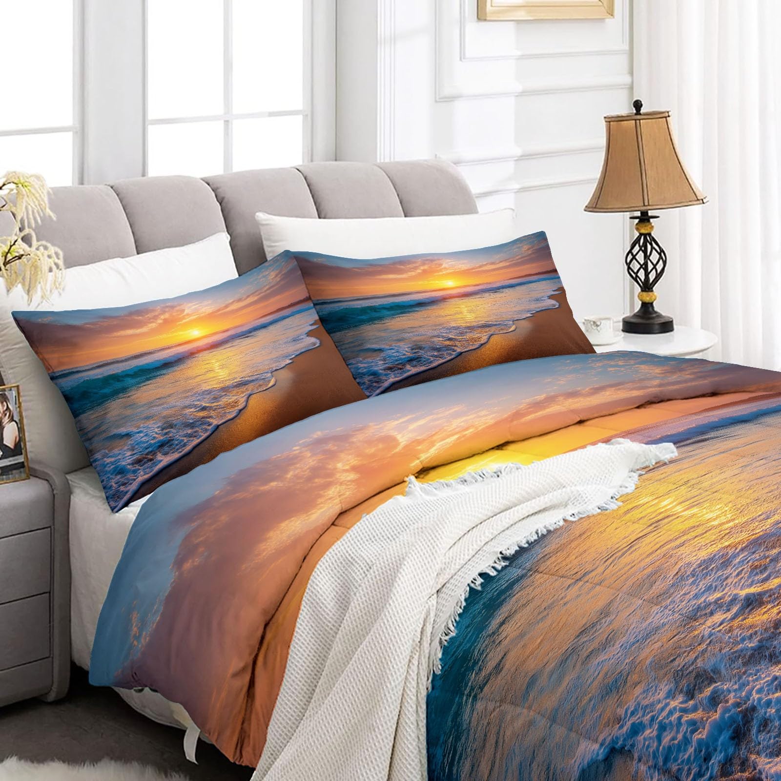 Bettdecke 135 x 200 cm Ganzjahresdecke Steppdecke - Bettdecke Ohne Bezug Naturlandschaft Strand Sonnenuntergang - 4 Jahreszeiten Bettdecken Wende Orange Farbe, Weiche Warm Duvet Schlafdecke