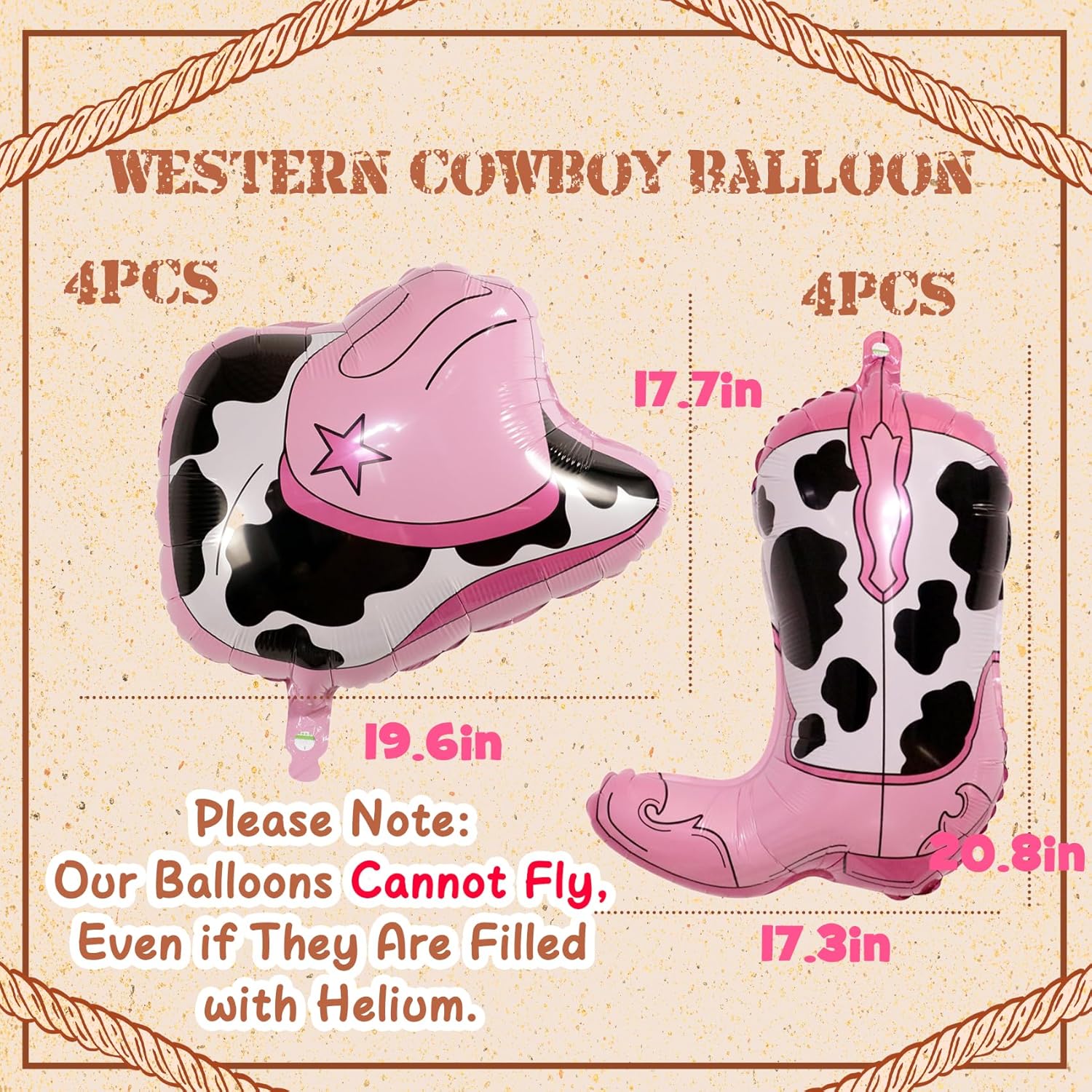 Western-Balloons Cowboy-Balloon 8PCS Large Cowboy Cowgirl Hat Boot Foil Balloons Western Birthday Party Rodeo Bachelorette Decorations Supply