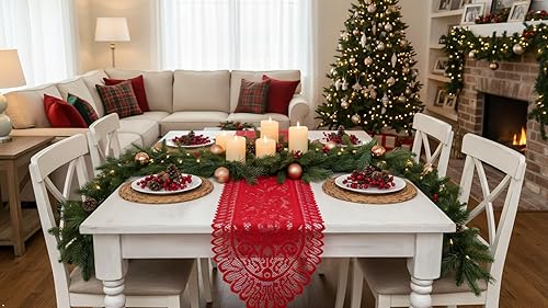 Miniatura 2 de rockcloud Camino de mesa de encaje para decoración de banquetes de boda, decoración de mesa de fiesta de Navidad, rojo, 13 x 59 pulgadas