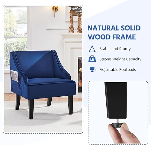 Miniatura 8 de Yaheetech Mid-Century - Silla decorativa de terciopelo con bolsillo, marco de madera, cómoda silla de barril para sala de estar, sala de