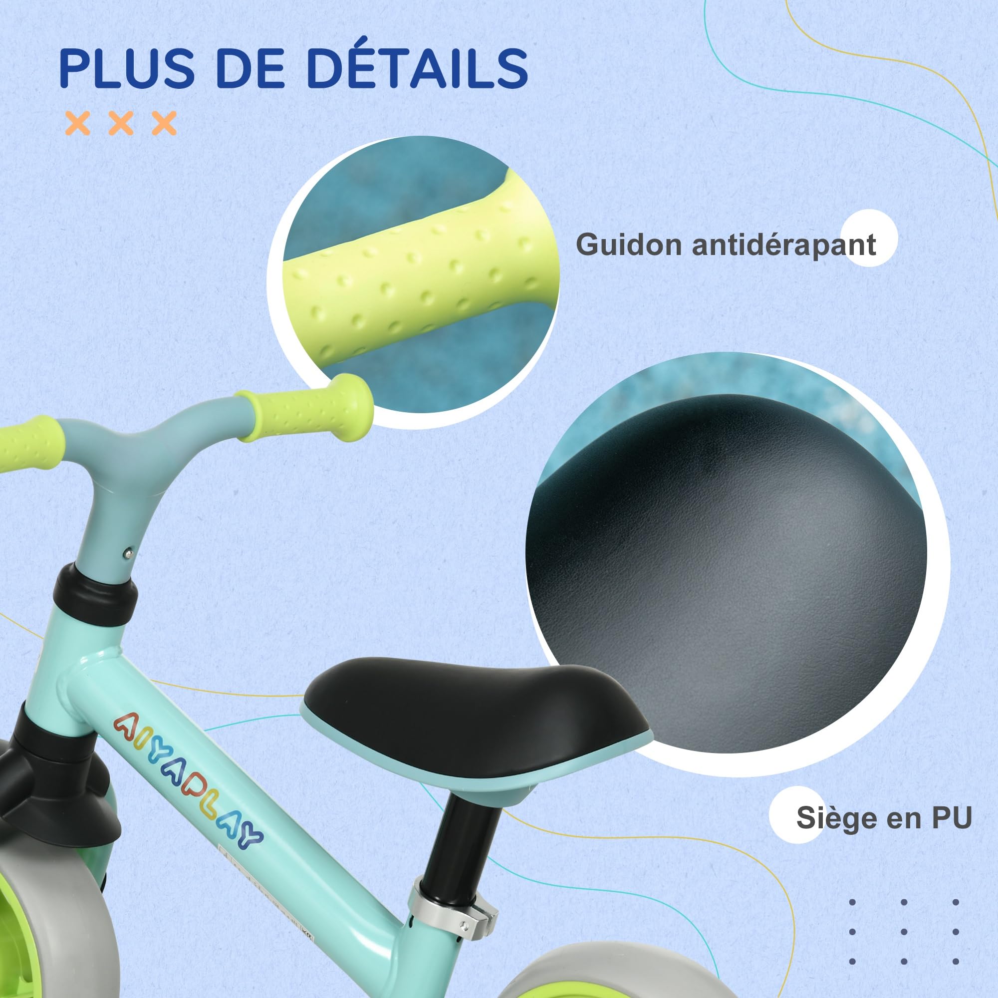 AIYAPLAY Vélo d'équilibre bébé draisienne siège réglable Roues EVA 18-48 Mois 25 kg